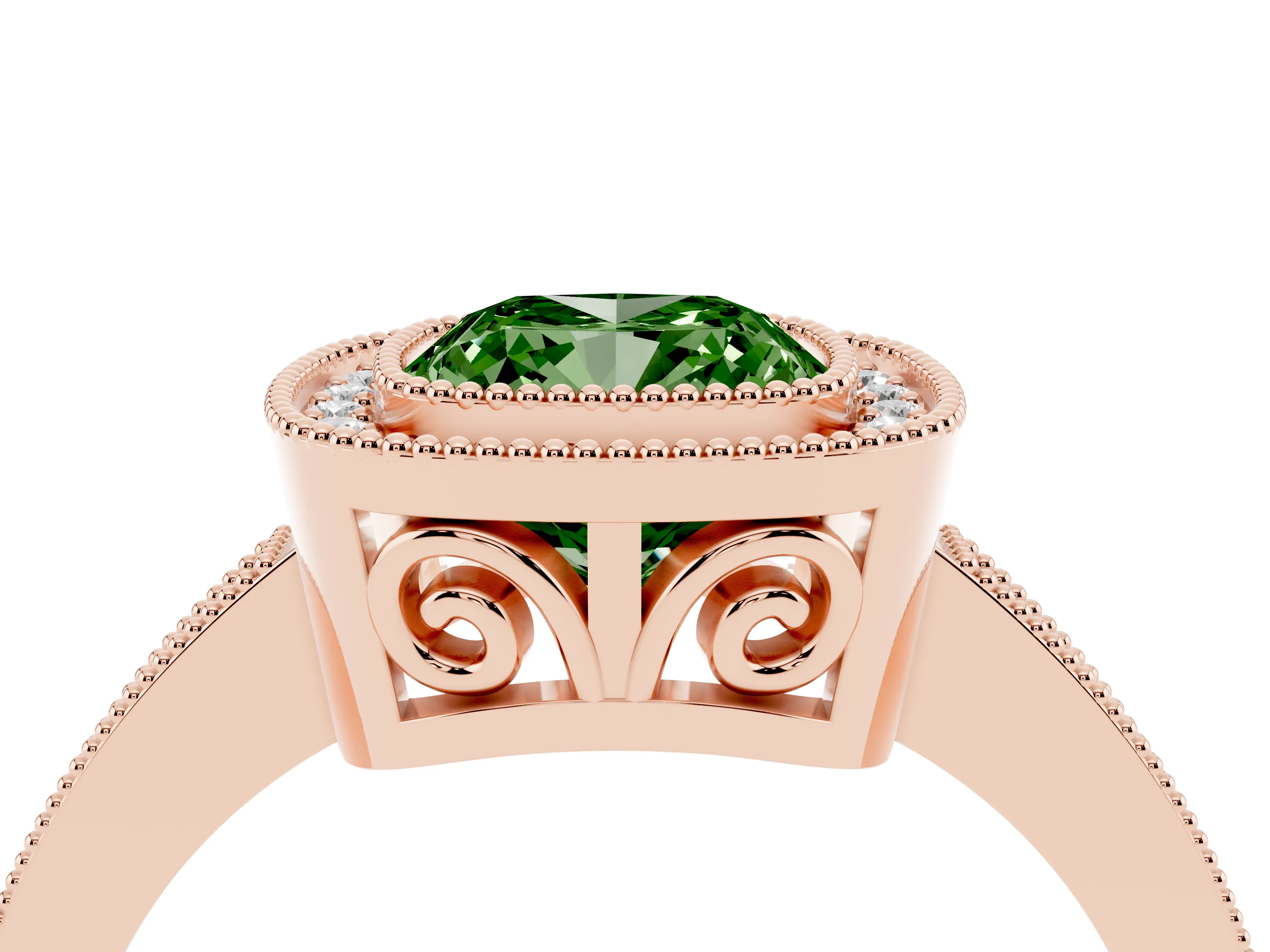 Fancy Green Cushion Cut Diamond Round Halo Ring Set in Rose gold with Pavé Band