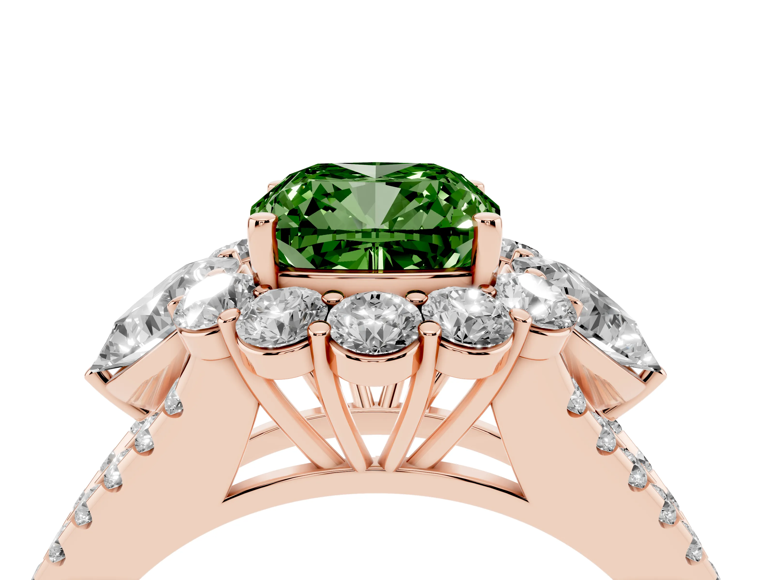 Fancy Green Cushion Cut Diamond Halo Split Shank Engagement Ring Set in Rose gold with Prong-Held Center Stone