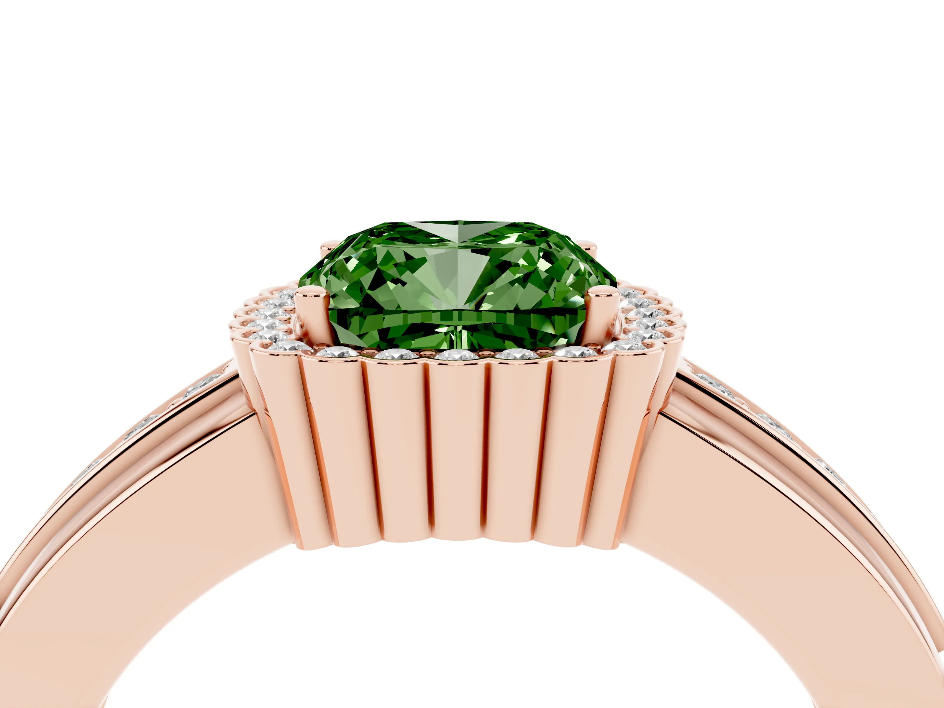 Fancy Green Cushion Cut Diamond Halo Prong Ring Set in Rose gold with Pavé Band