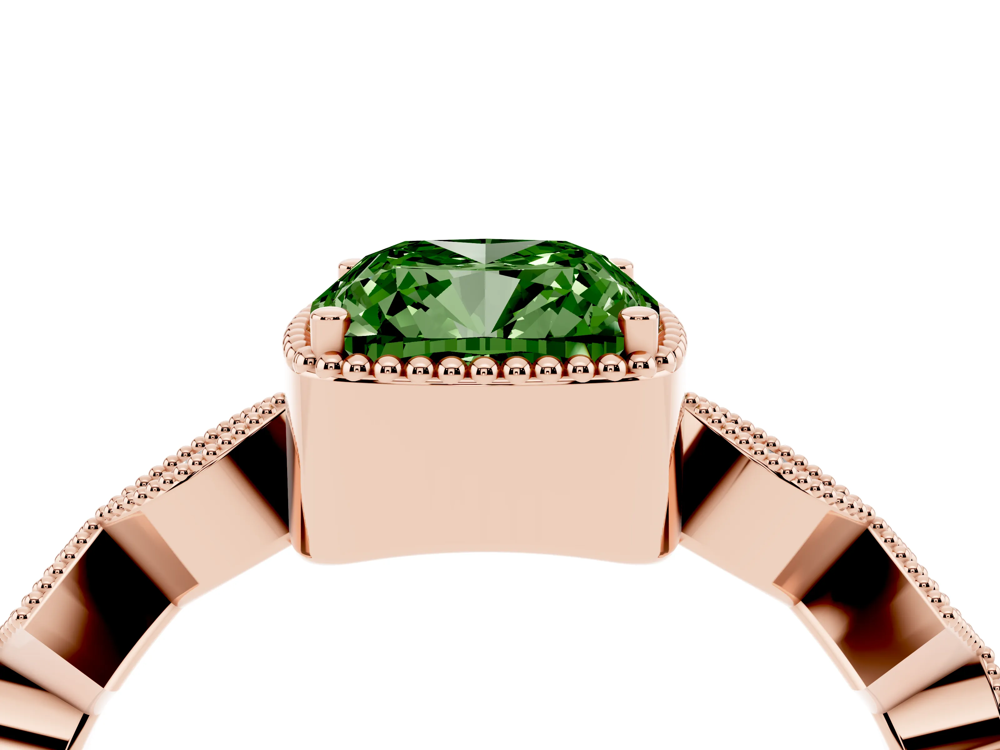 Fancy Green Cushion Cut Diamond Milgrain Marquise Twist Band Ring Set in Rose gold with Prong Setting