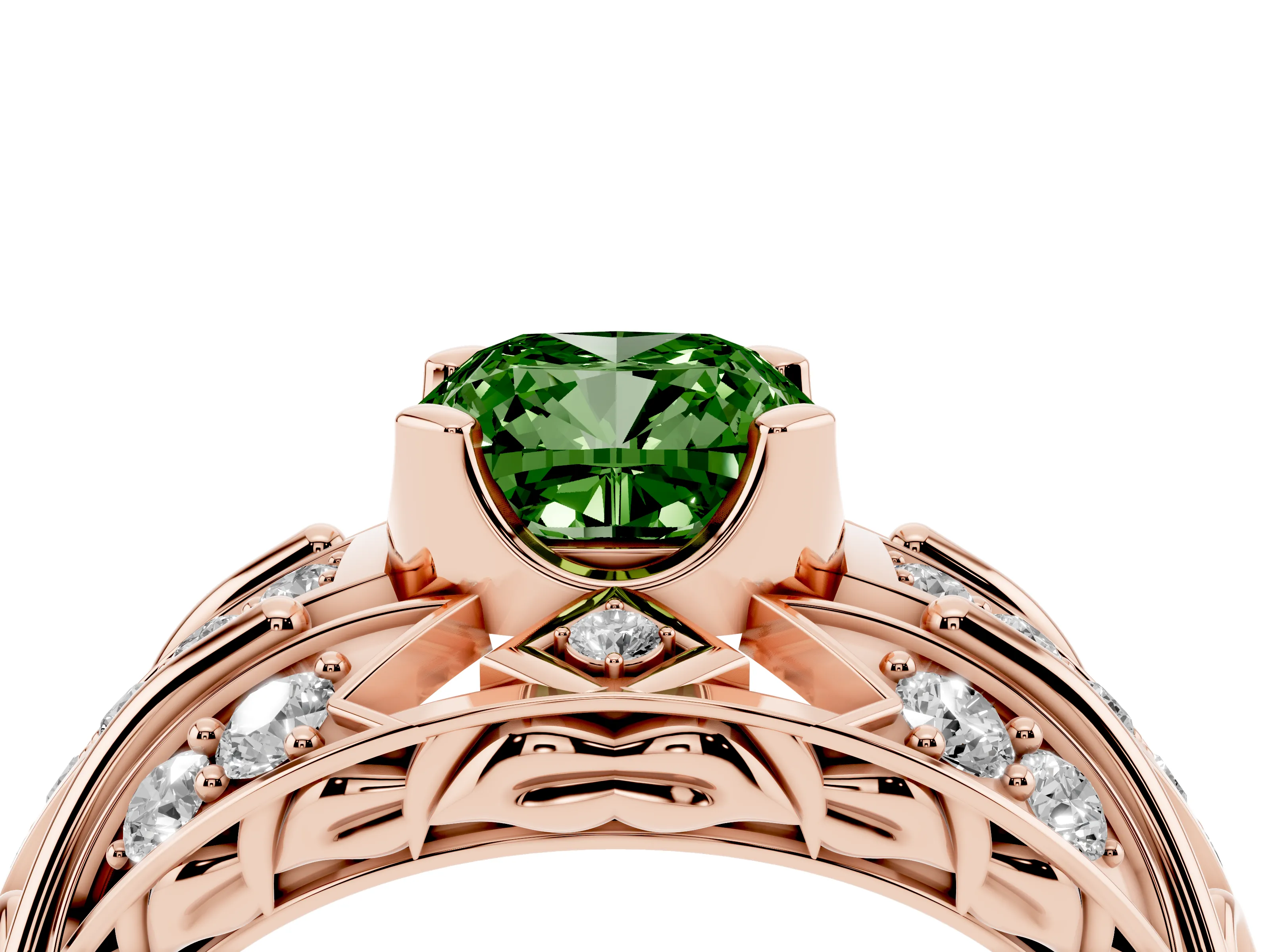 Fancy Green Cushion Cut Diamond Art Deco Ring Set in Rose gold with Pavé Split Shank