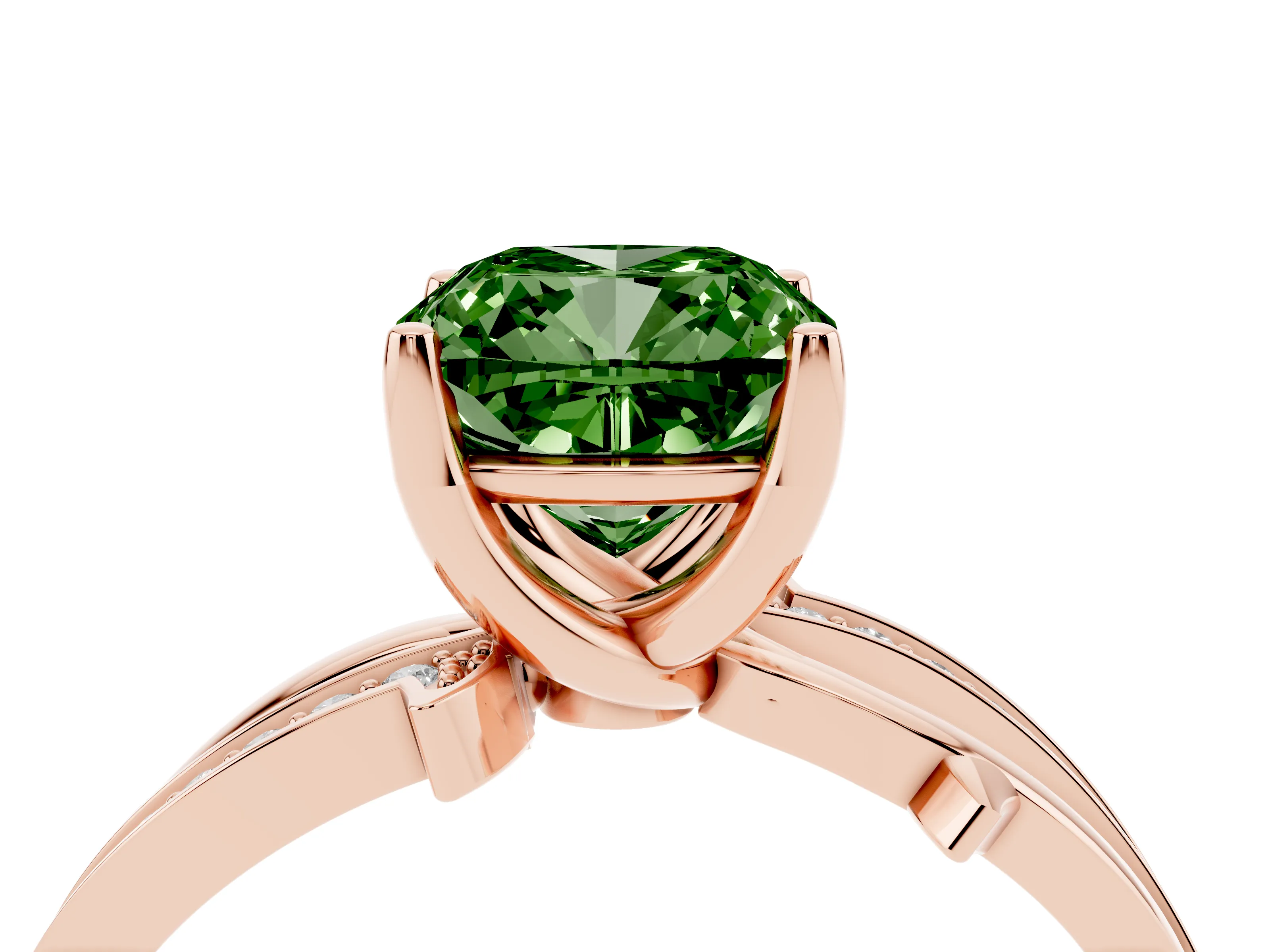 Fancy Green Cushion Cut Diamond Pavé Twist Band Solitaire Ring Set in Rose gold with Prong Setting