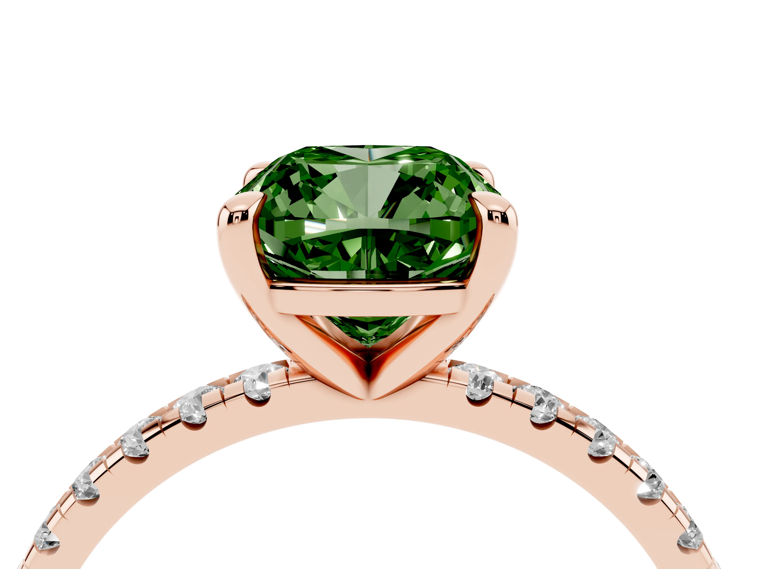 Fancy Green Cushion Cut Diamond Brilliant Solitaire Ring Set in Rose gold with Pavé Band and Prong Setting