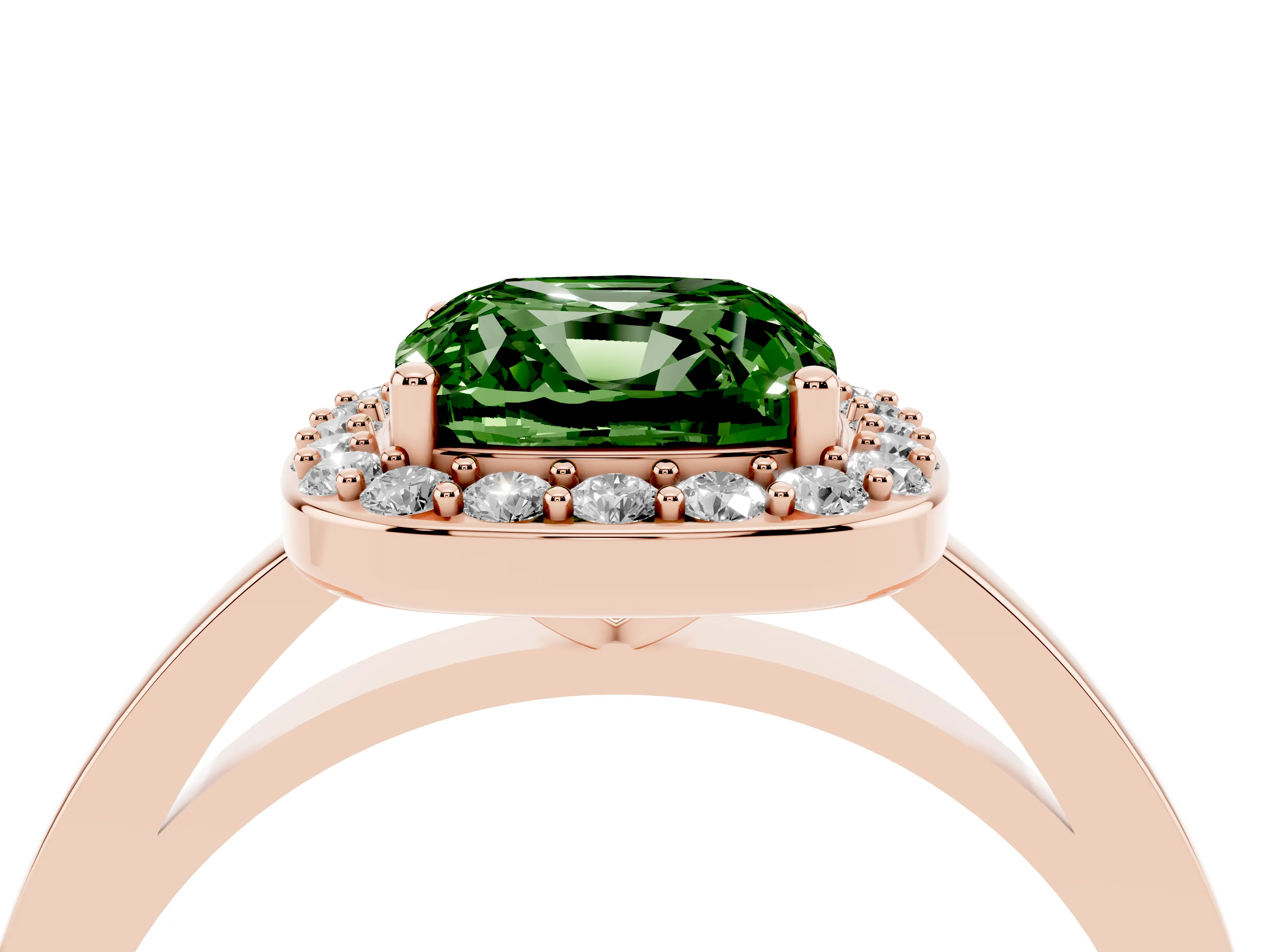 Fancy Green Cushion Cut Diamond Halo Ring Set in Rose gold with Solitaire Band and Prong Setting