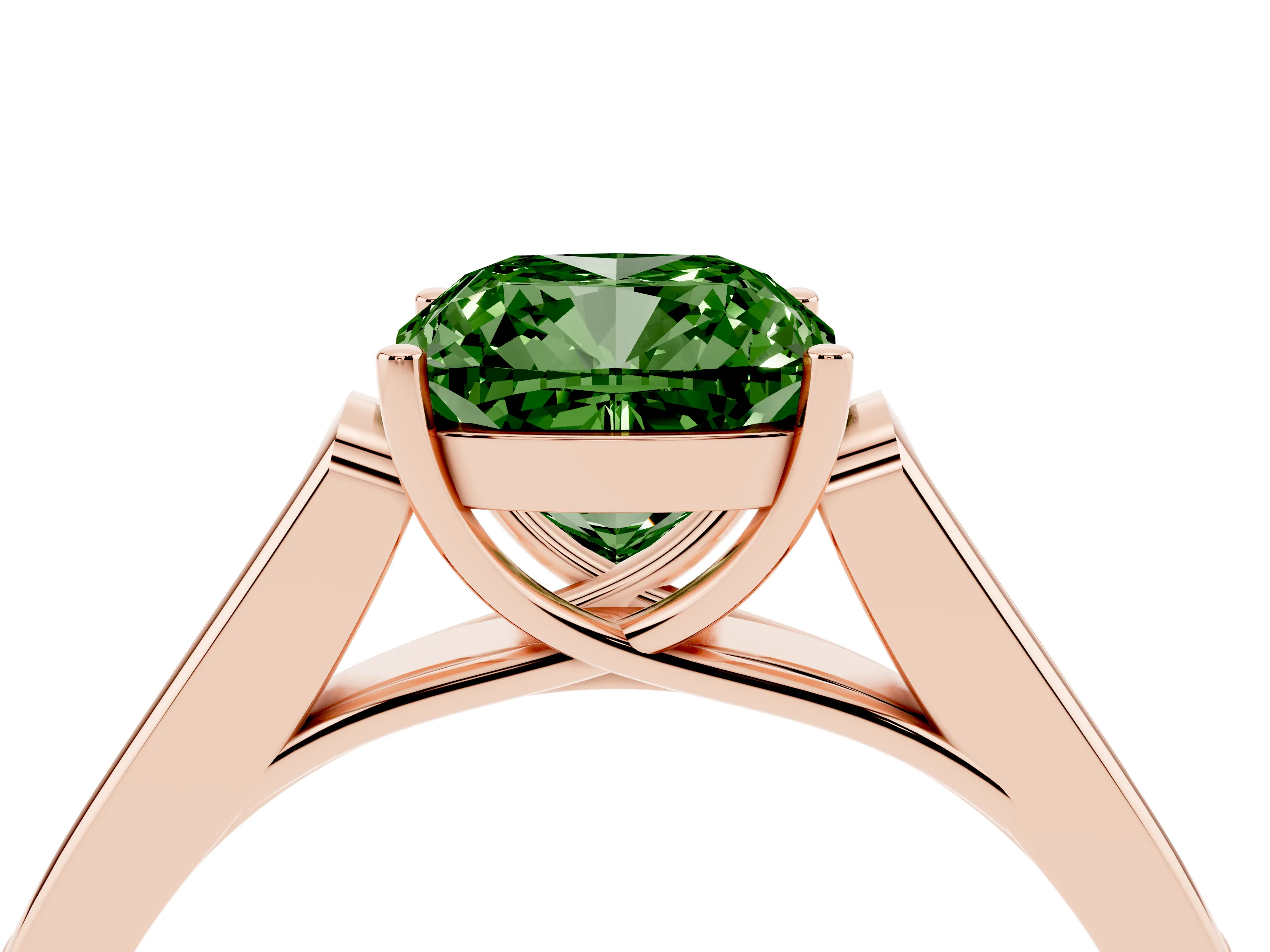 Fancy Green Cushion Cut Diamond Solitaire Cathedral Engagement Ring Set in Rose gold with Channel-Set Band and Prong Setting