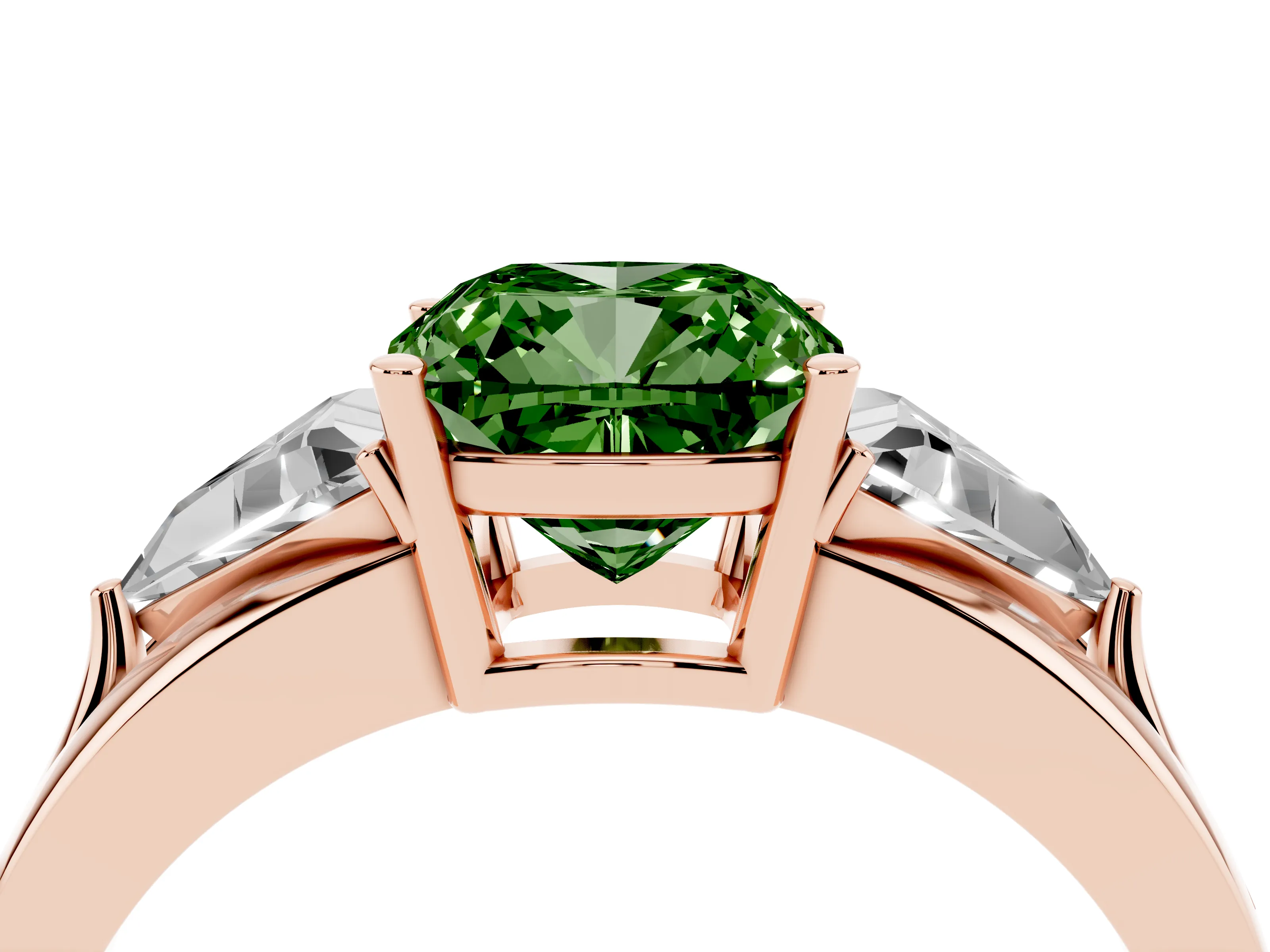 Fancy Green Cushion Cut Diamond Three-Stone Ring Set in Rose gold with Trillion Side Stones and Split Shank