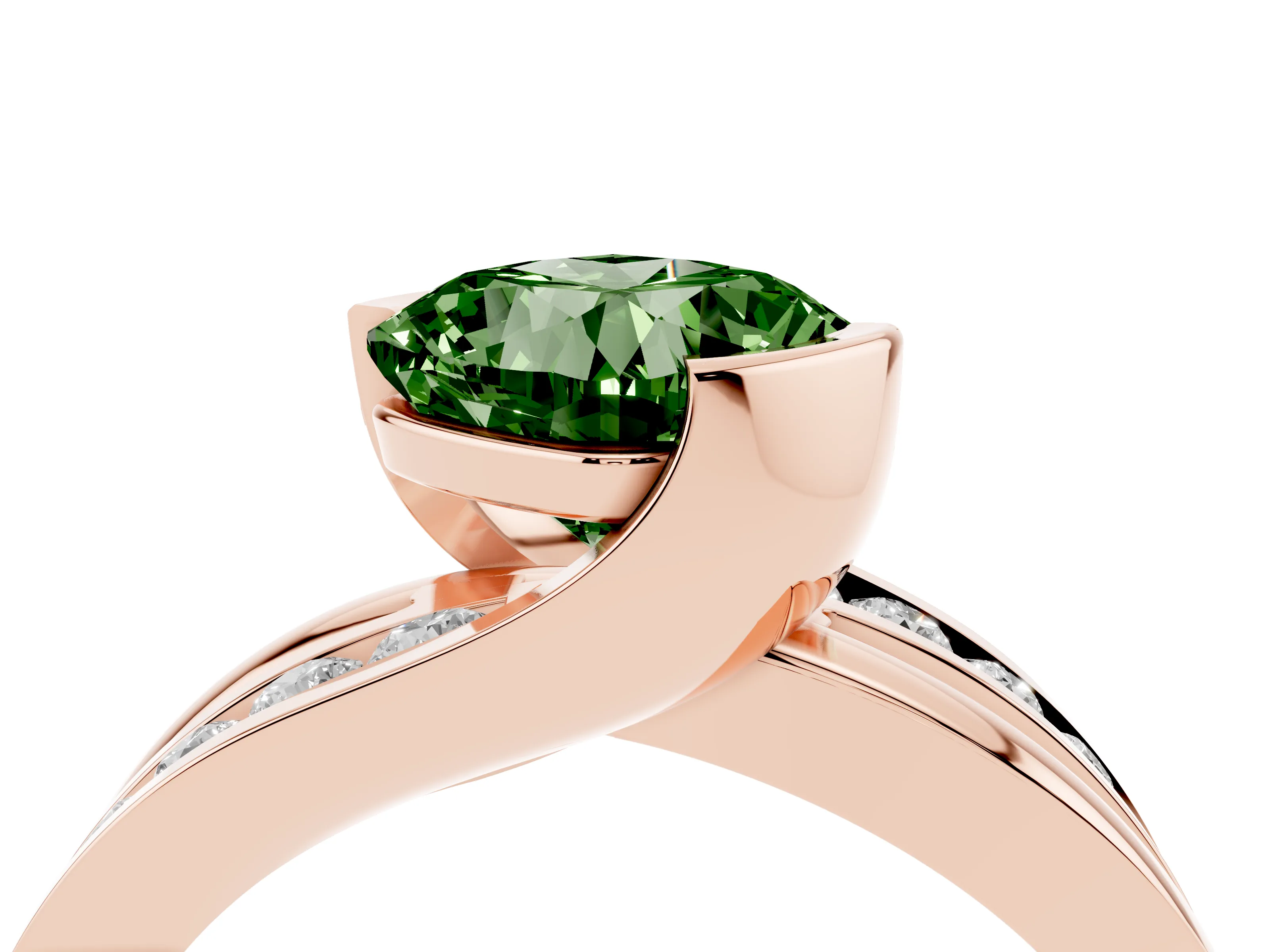 Fancy Green Cushion Cut Diamond Solitaire Ring Set in Rose gold with Channel Set Split Shank and Tension Prongs