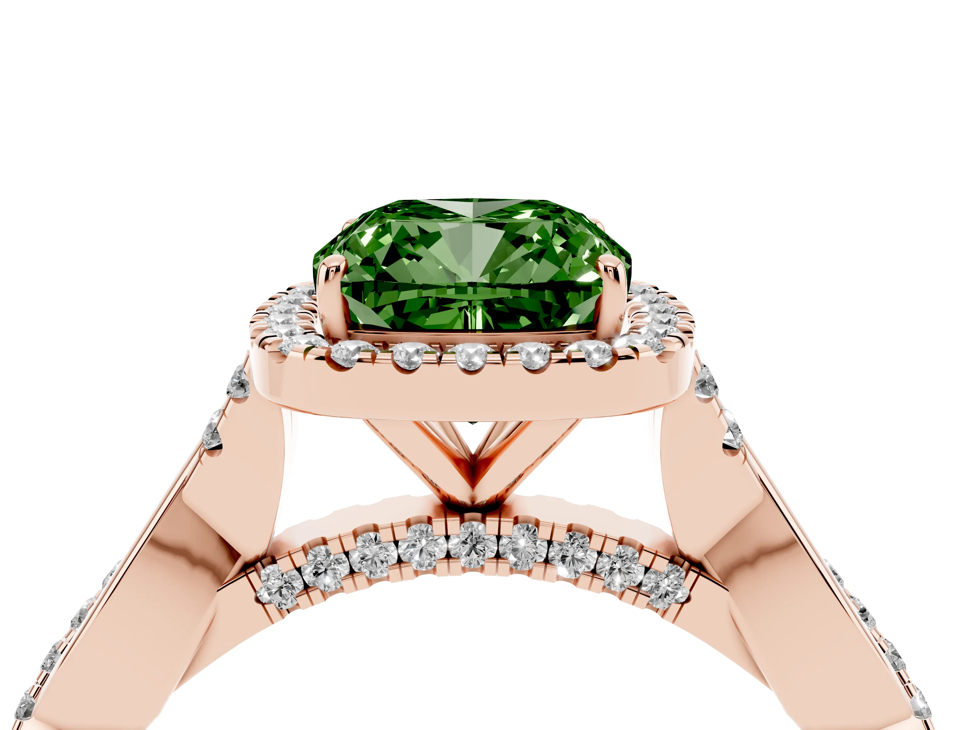 Fancy Green Cushion Cut Diamond Halo Twist Band Solitaire Ring Set in Rose gold with Prong Setting