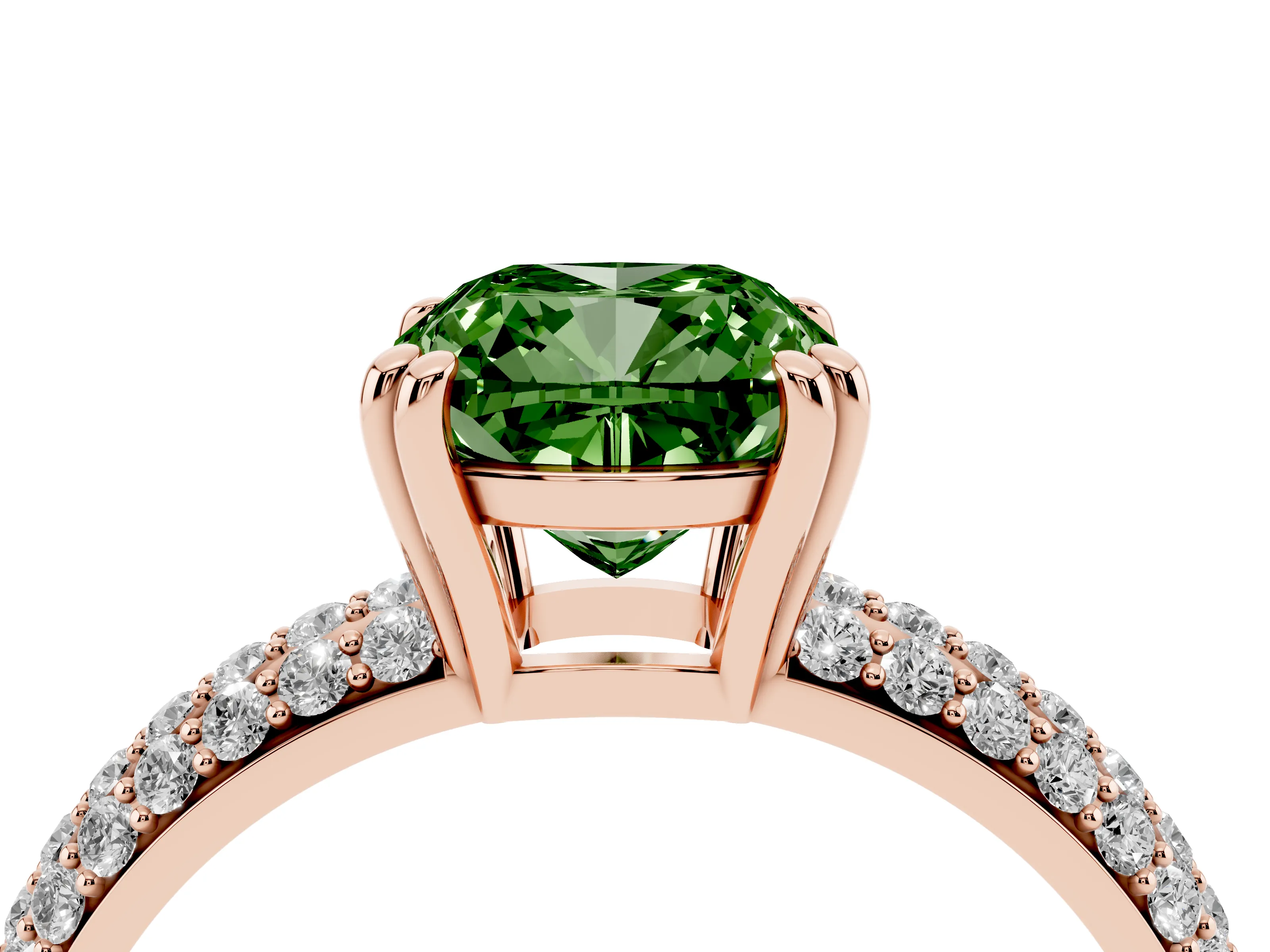 Fancy Green Cushion Cut Diamond Solitaire Ring Set in Rose gold with Multi-Row Round Pavé Band and Prong Setting