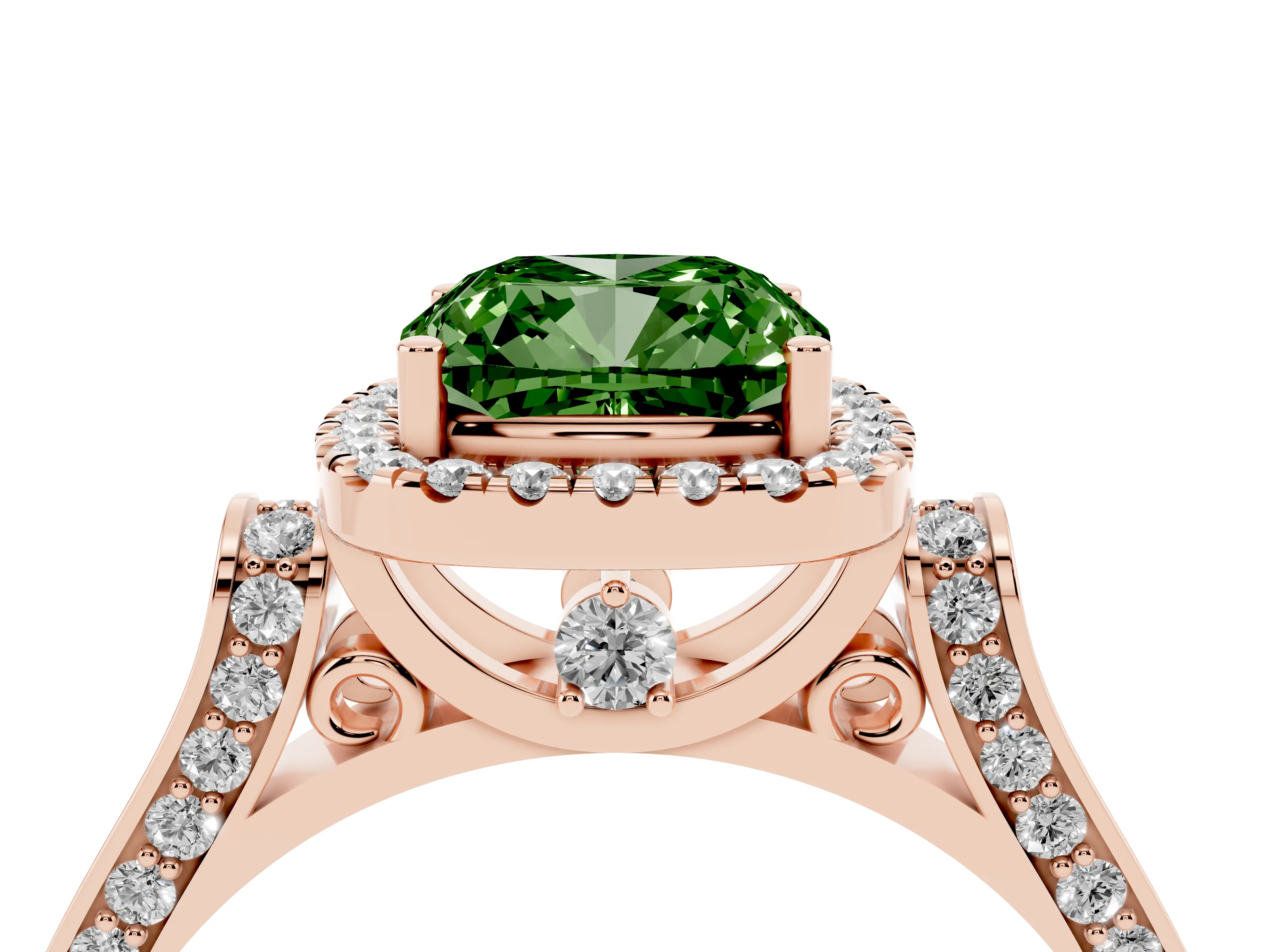 Fancy Green Cushion Cut Diamond Halo Ring Set in Rose gold with Pavé-Lined Split Shank Band