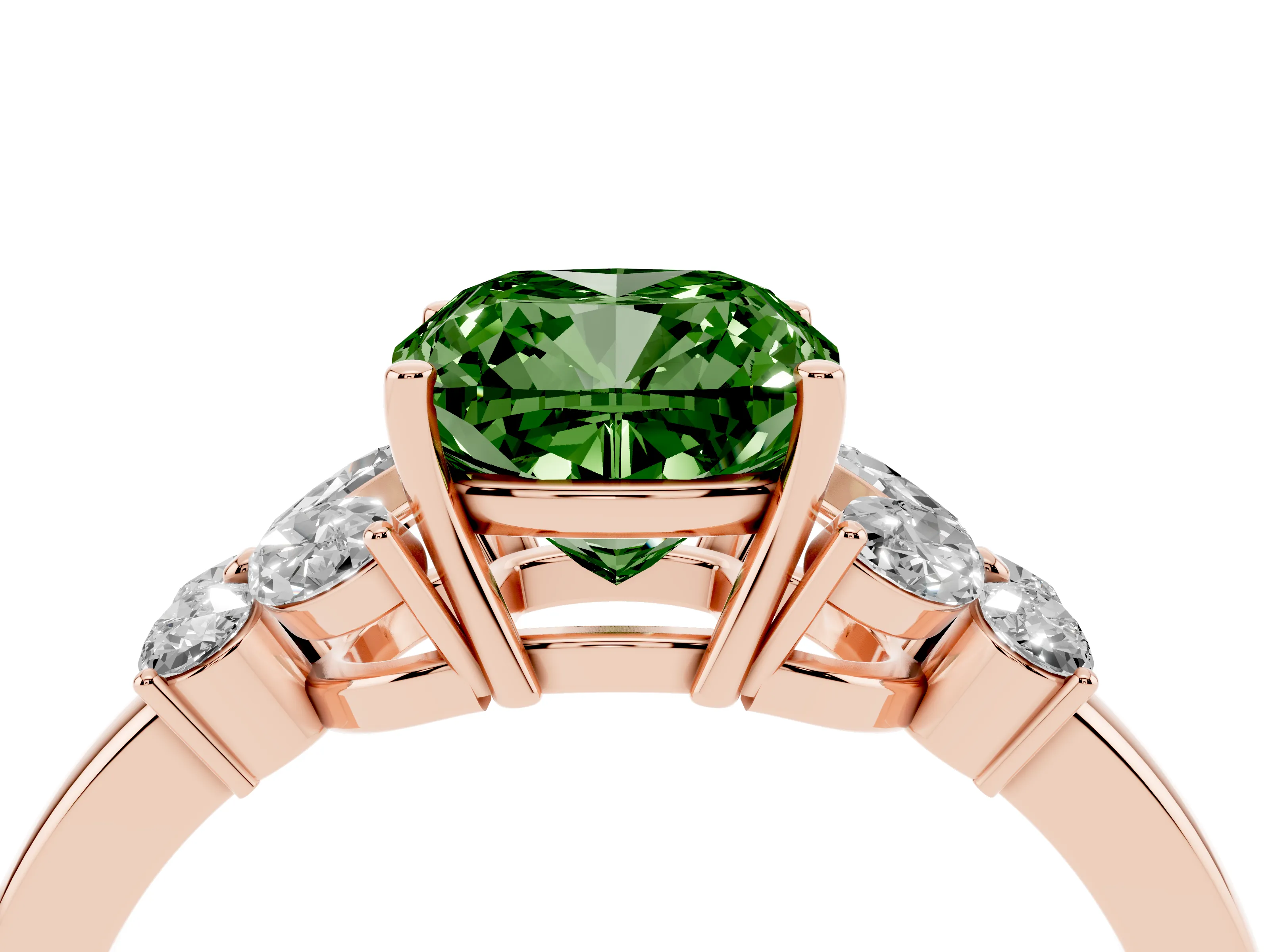 Fancy Green Cushion Cut Diamond Solitaire Floral Ring Set in Rose gold with Marquise Petals and Prong Setting