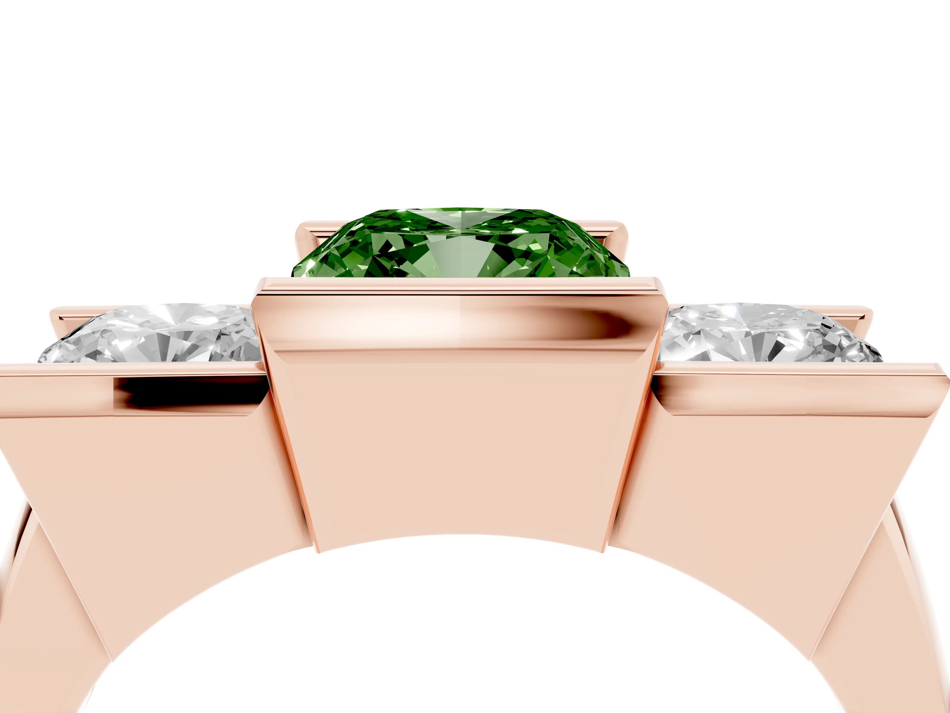 Fancy Green Cushion Cut Diamond Three-Stone Channel Set Ring Set in Rose gold with Smooth Polished Band