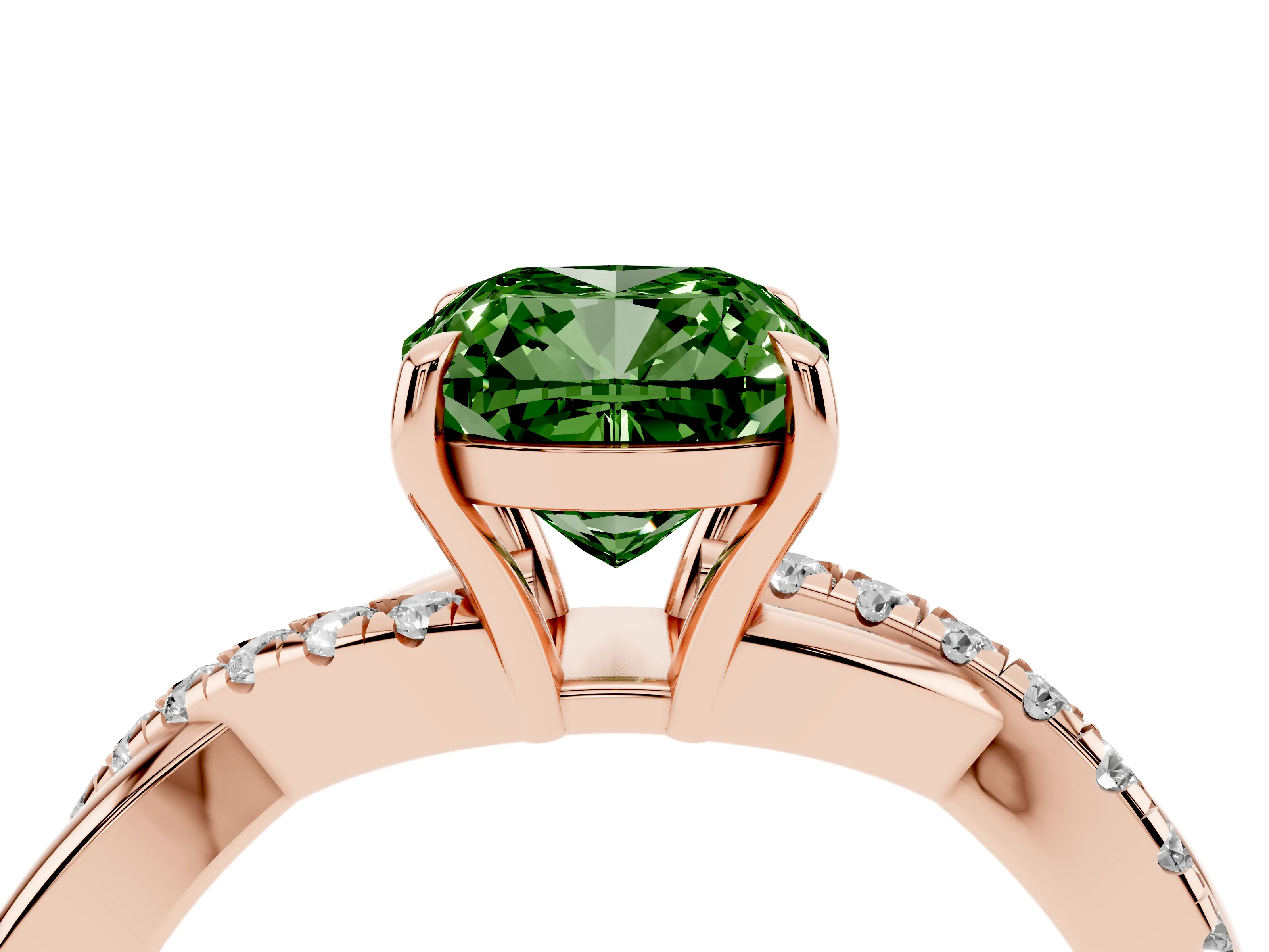 Fancy Green Cushion Cut Diamond Twisted Pavé Band Ring Set in Rose gold with Prong Setting