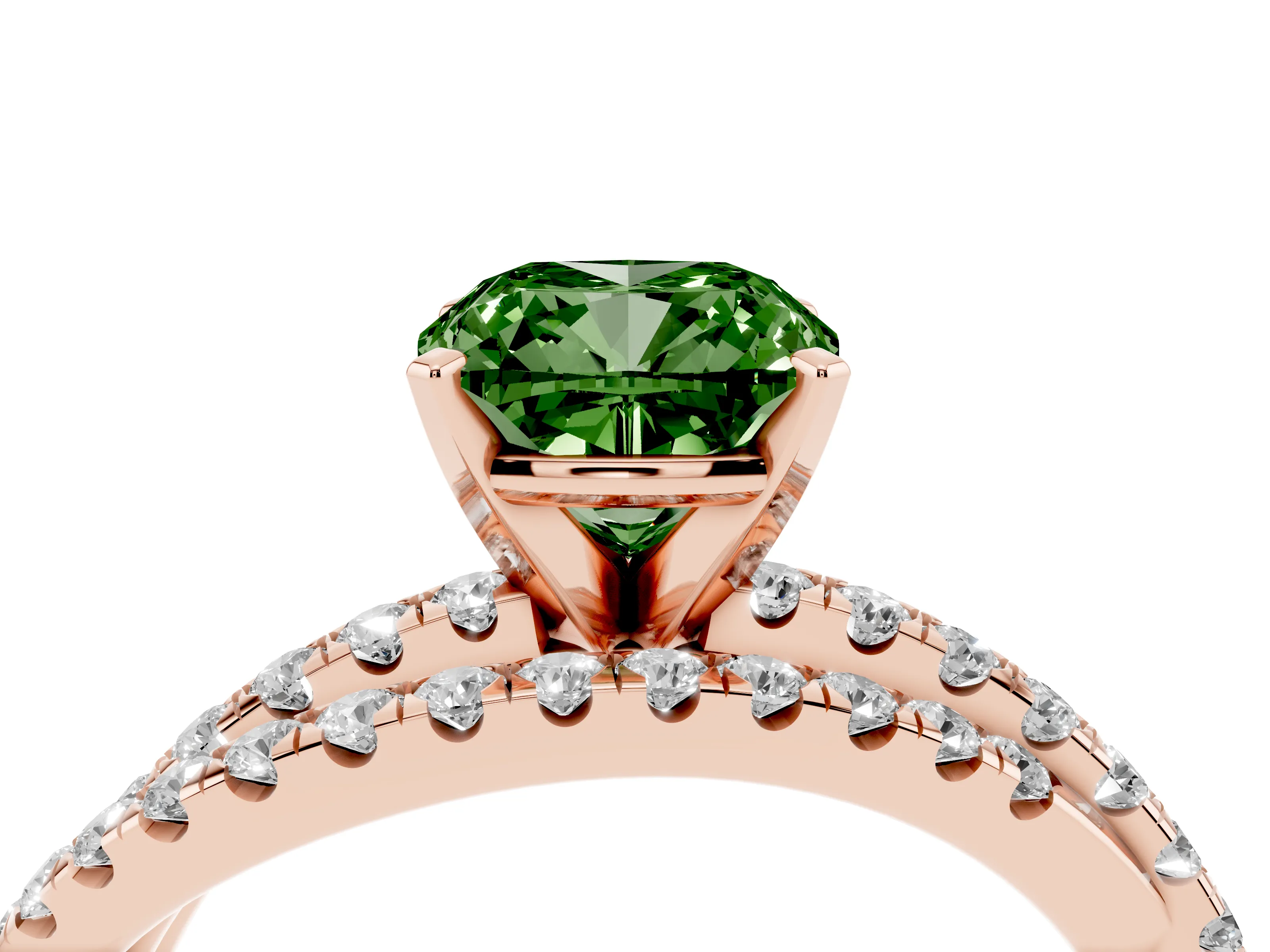Fancy Green Cushion Cut Diamond Solitaire Twist Band Ring Set in Rose gold with Pavé Setting and Prong Head