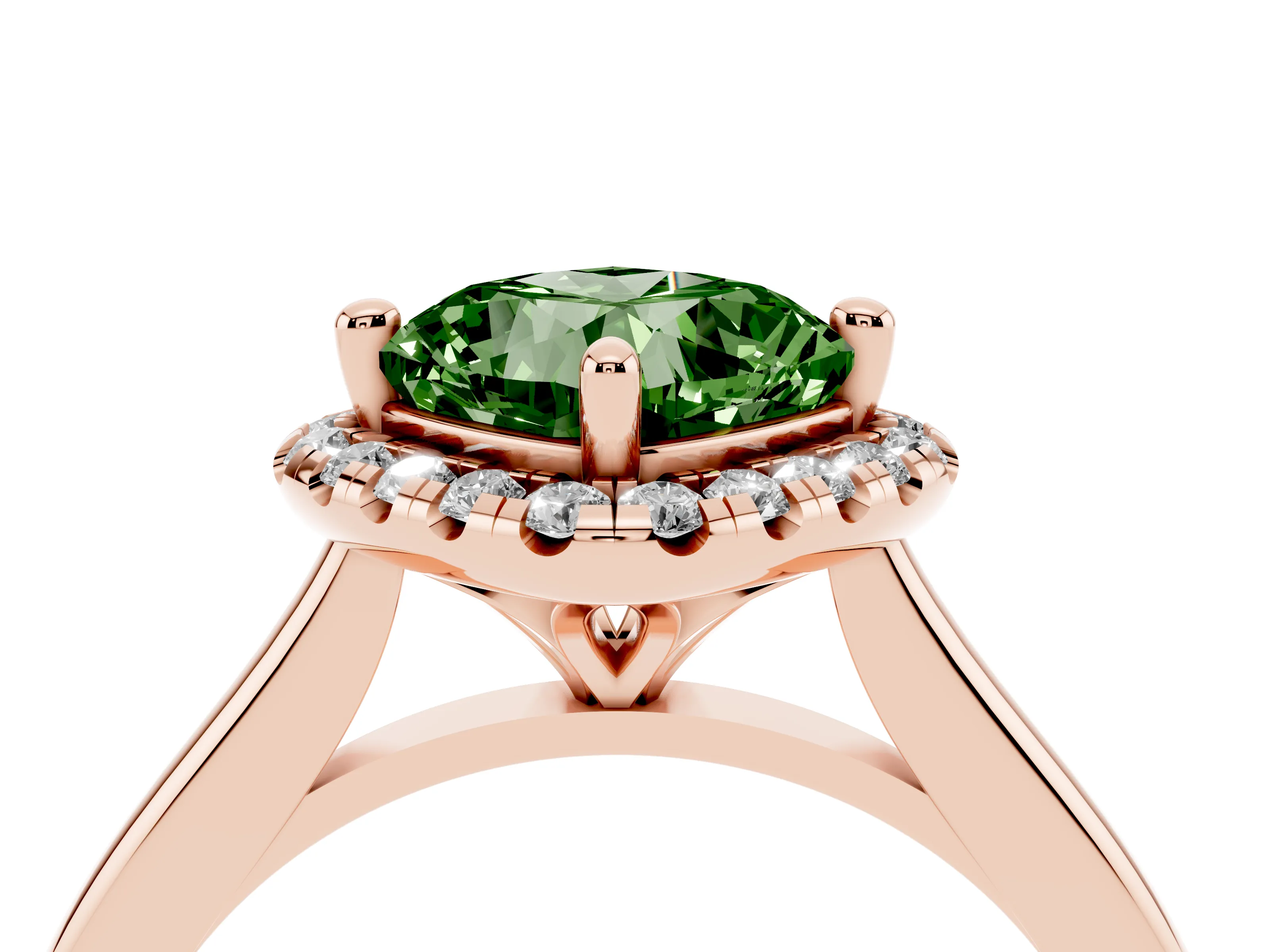 Fancy Green Cushion Cut Diamond Halo Engagement Ring Set in Rose gold with Pavé Band and Rising Shoulders