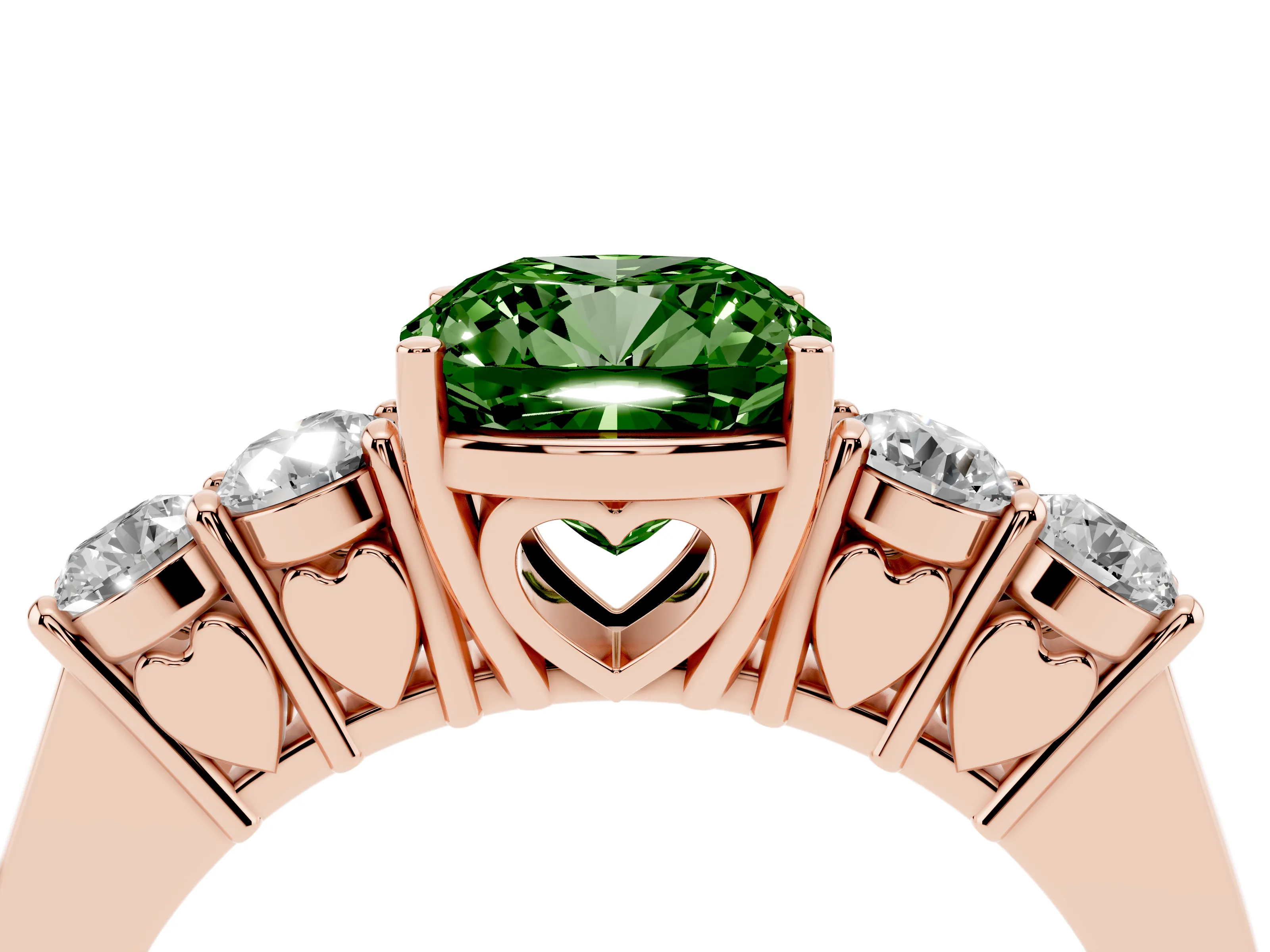 Fancy Green Cushion Cut Diamond Five-Stone Prong Set Band Ring Set in Rose gold with Polished Band