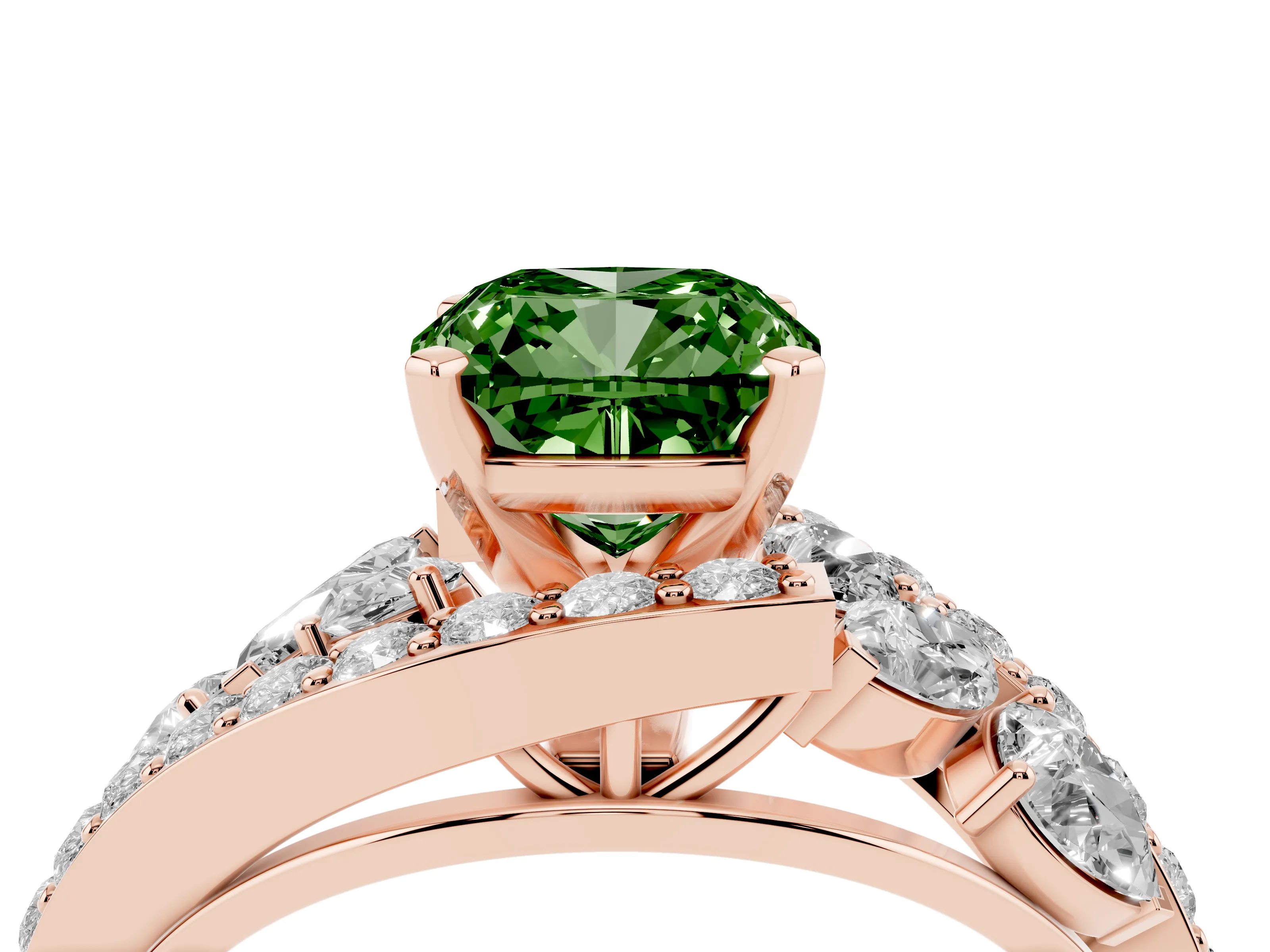 Fancy Green Cushion Cut Diamond Halo Ring Set in Rose gold with Marquise and Pavé Band in Prong Setting