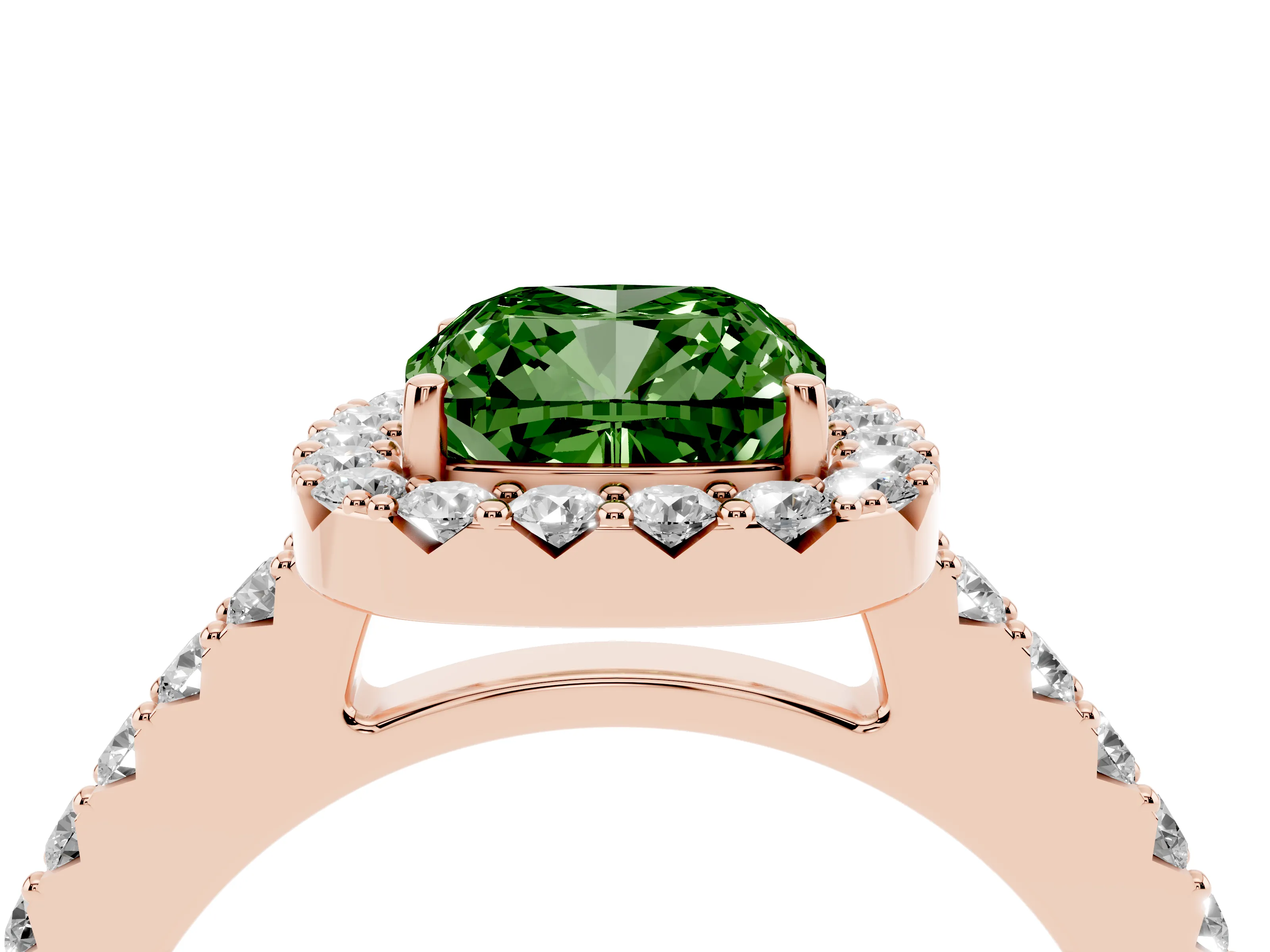 Fancy Green Cushion Cut Diamond Halo Pavé Solitaire Ring Set in Rose gold with Prong-Set Center Stone