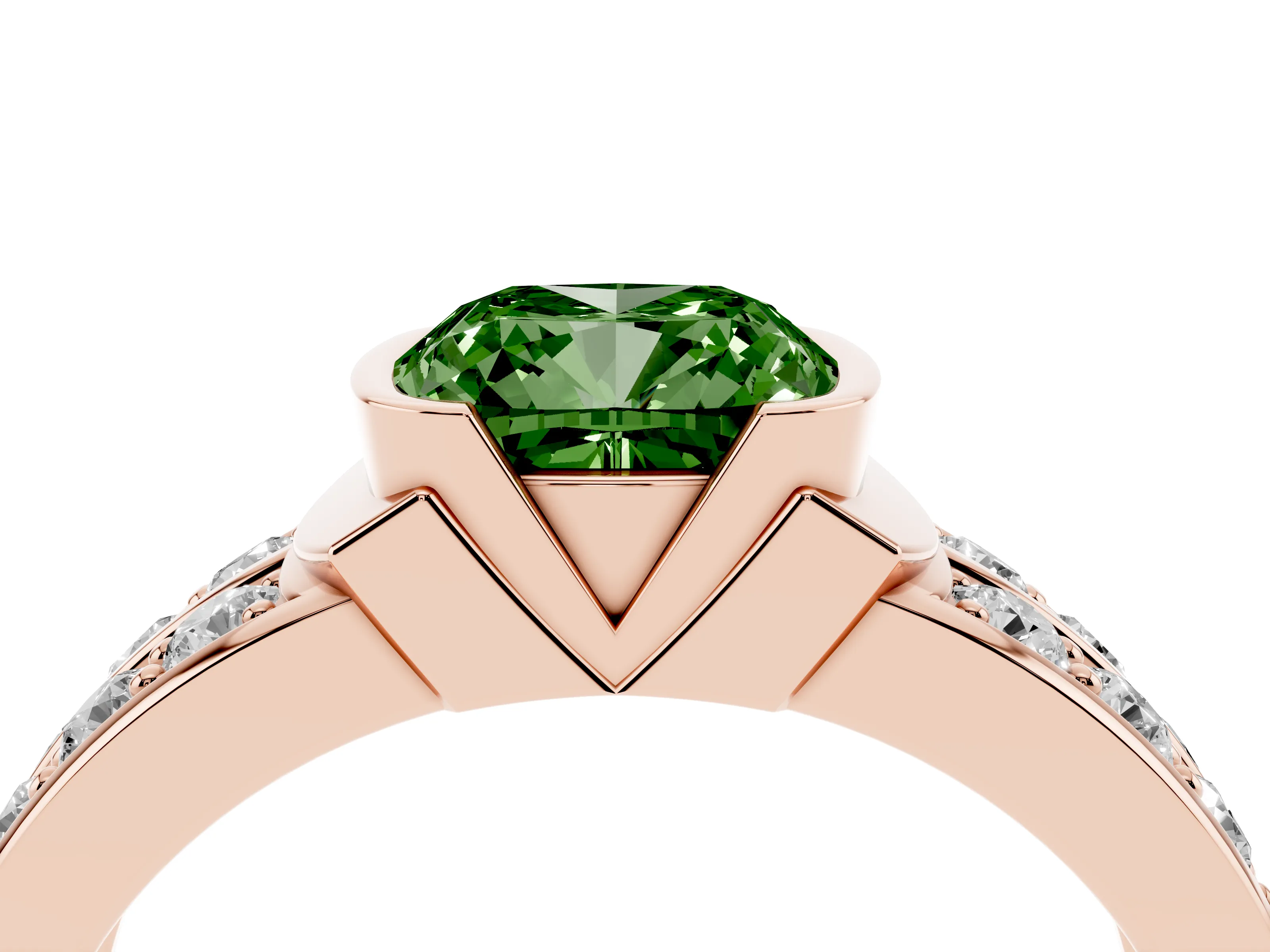 Fancy Green Cushion Cut Diamond Wide Channel Set Band Ring Set in Rose gold with Bezel Setting