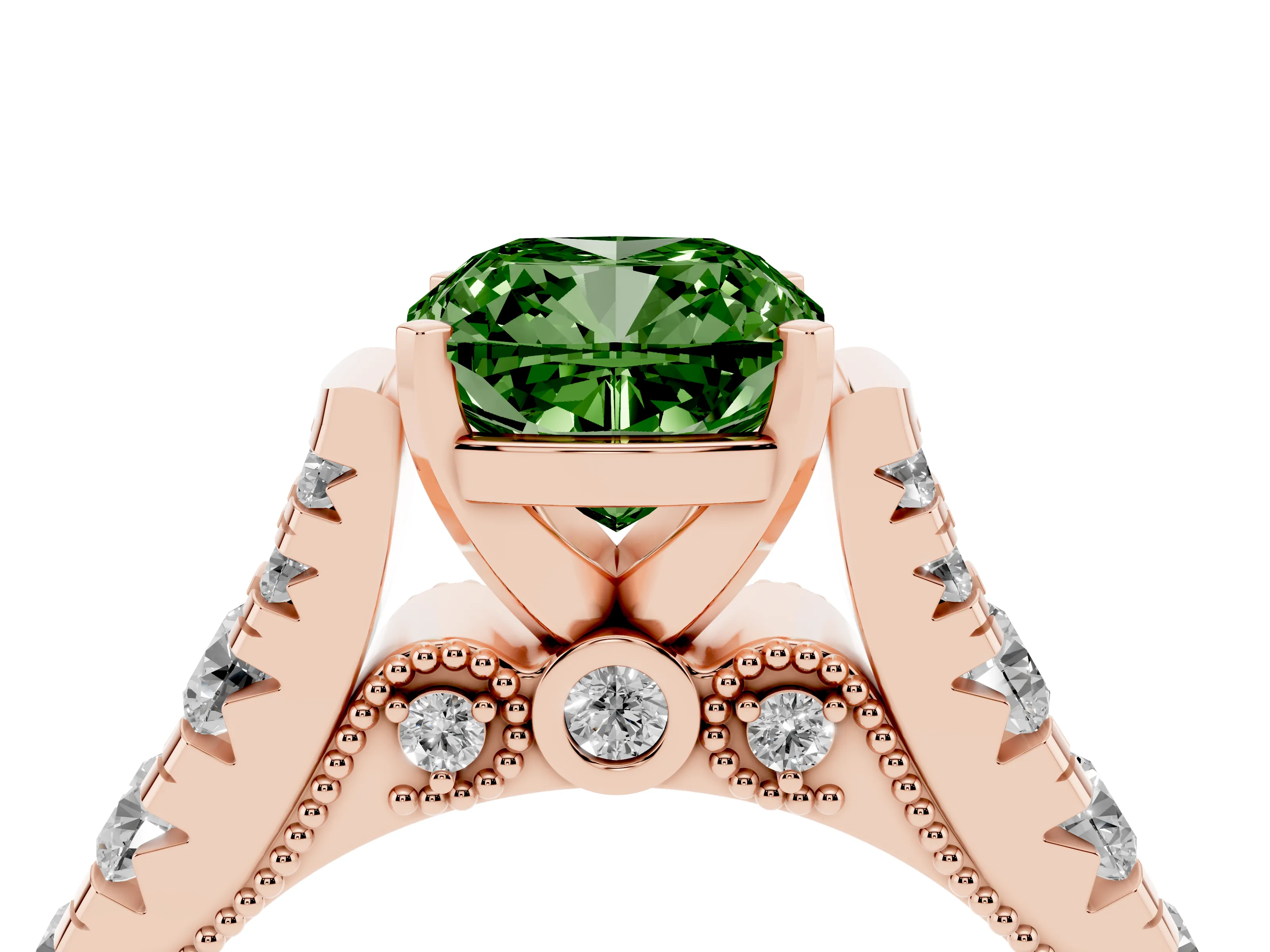 Fancy Green Cushion Cut Diamond Classic Solitaire Ring Set in Rose gold with Pavé Band and Prong Setting