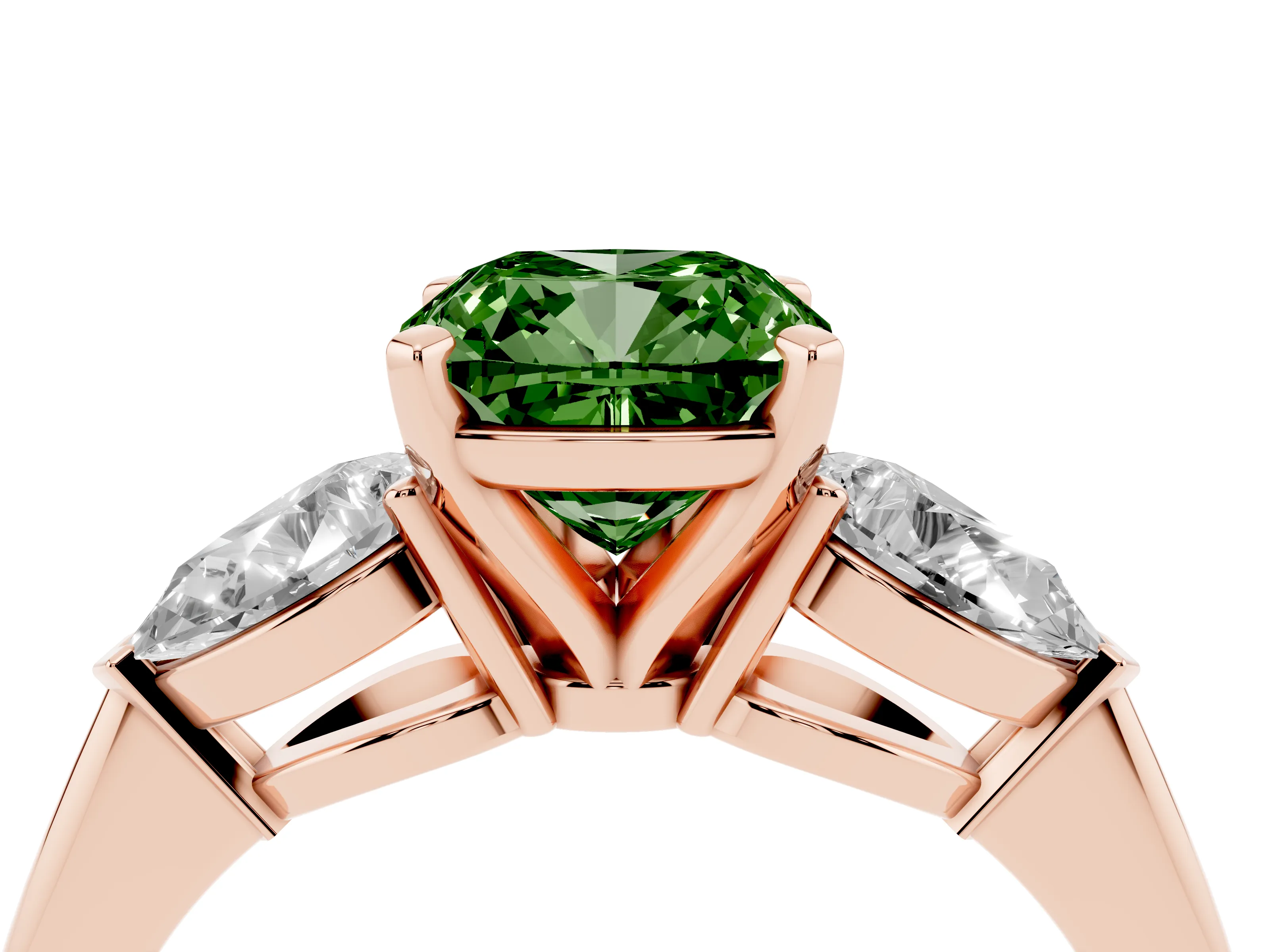 Fancy Green Three-Stone Cushion Cut Diamond Ring Set in Rose gold with Pear Side Stones and Prong Setting