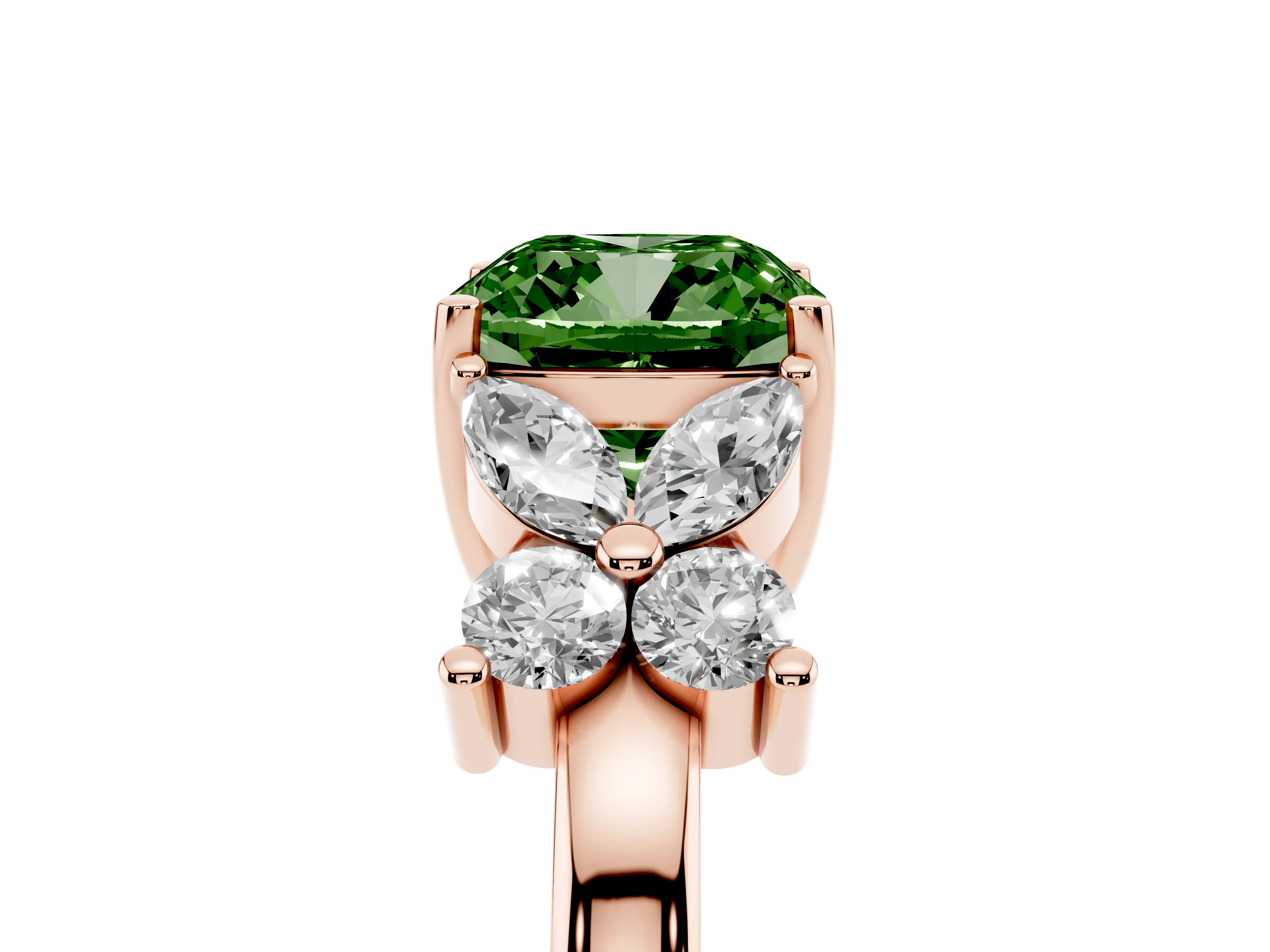 Fancy Green Cushion Cut Diamond Floral Cluster Ring Set in Rose gold with Marquise Petals and Prong Setting