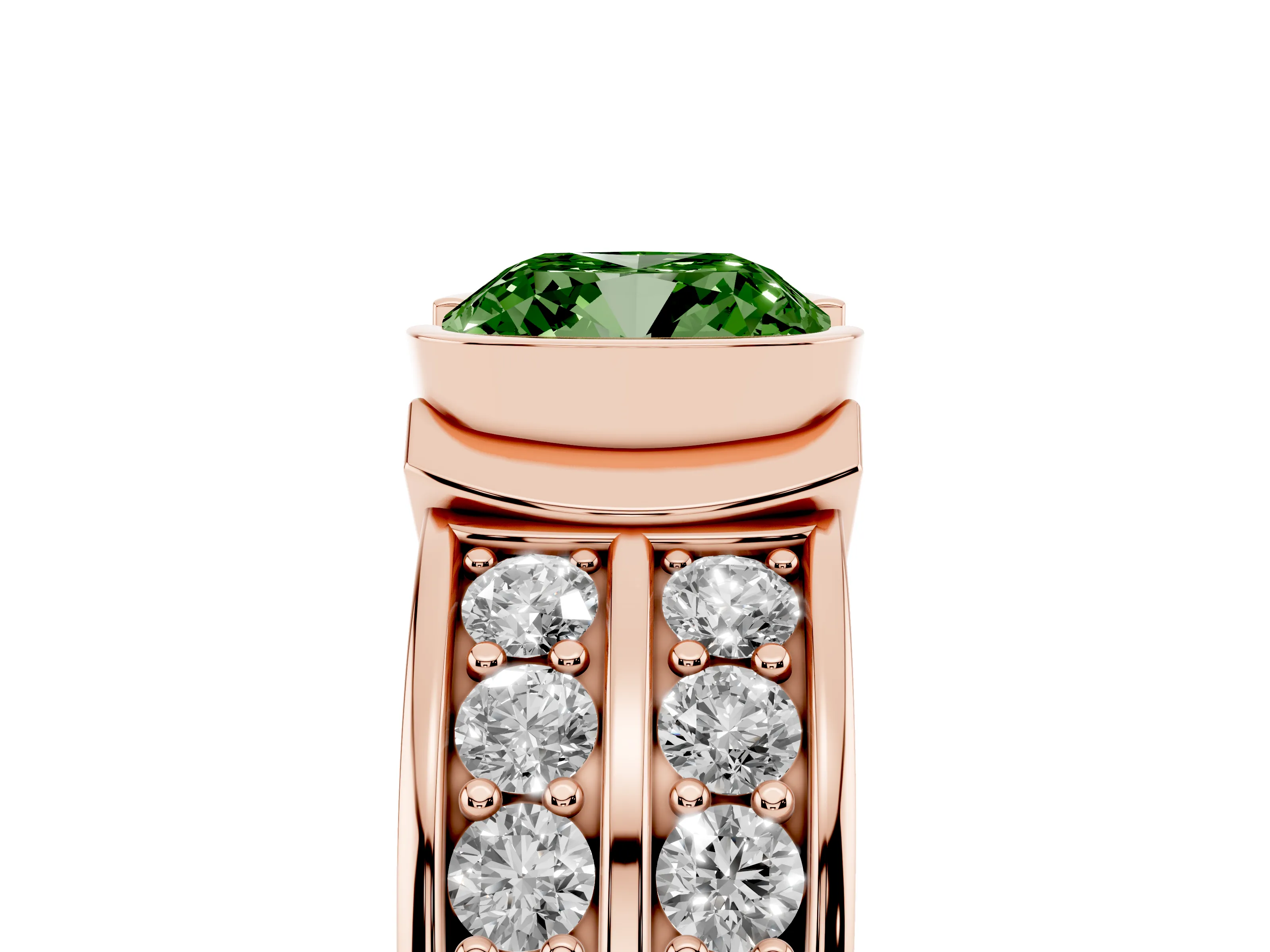 Fancy Green Cushion Cut Diamond Wide Channel Set Band Ring Set in Rose gold with Bezel Setting