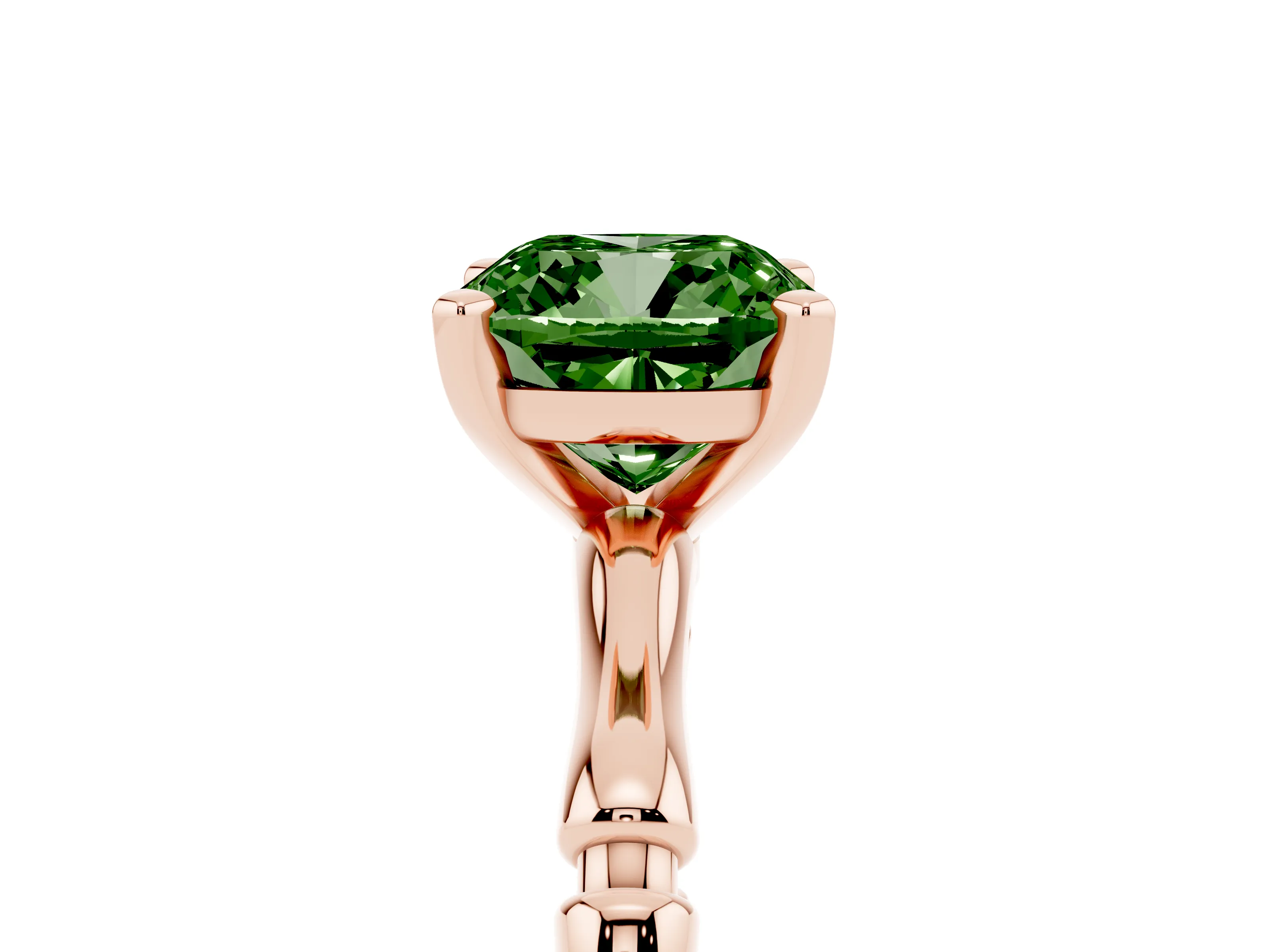 Fancy Green Cushion Cut Diamond Solitaire Ring Set in Rose gold with Bamboo Band and Prong Setting