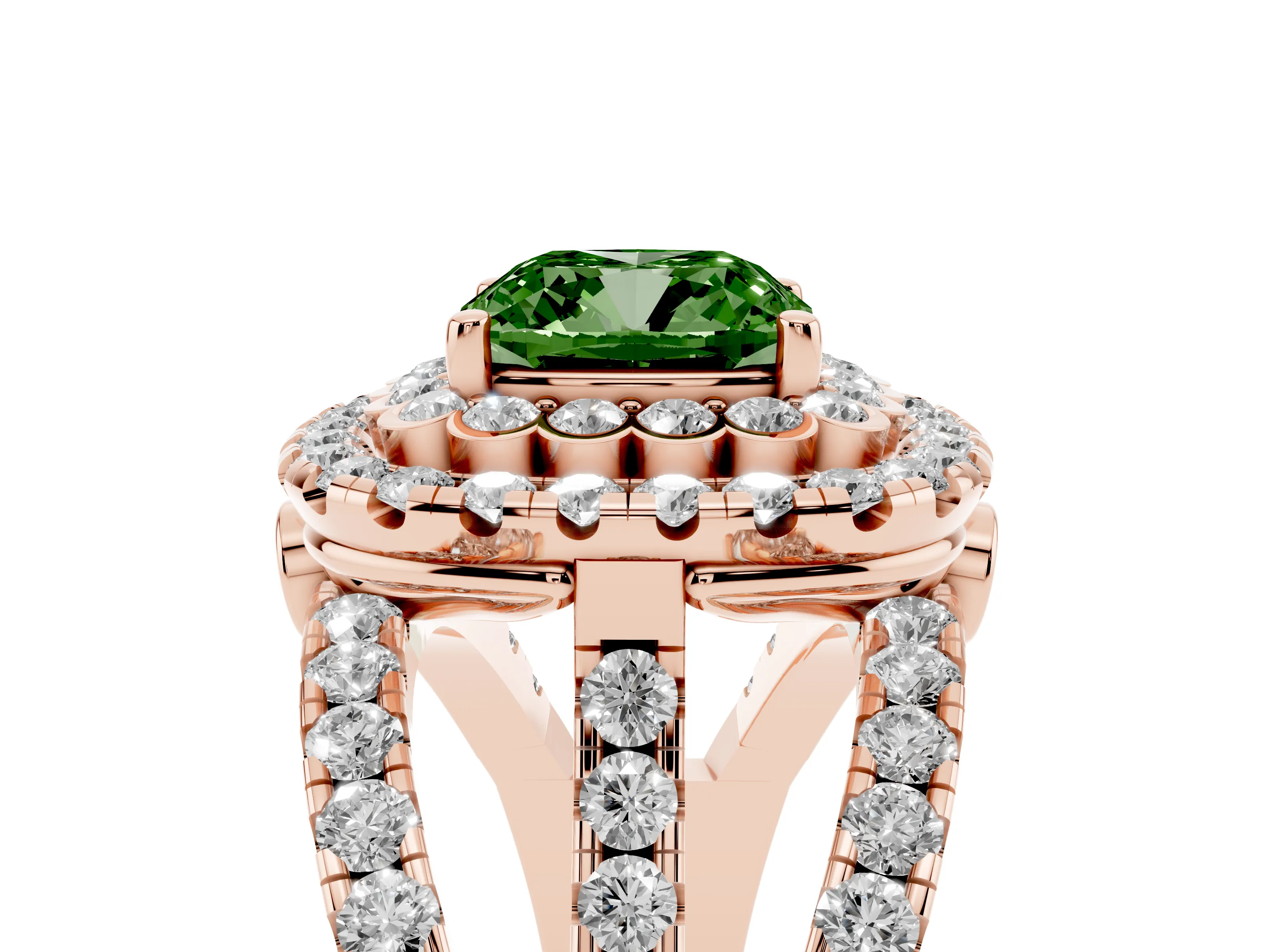 Fancy Green Cushion Cut Diamond Double Halo Ring Set in Rose gold with Round Pavé Split Shank