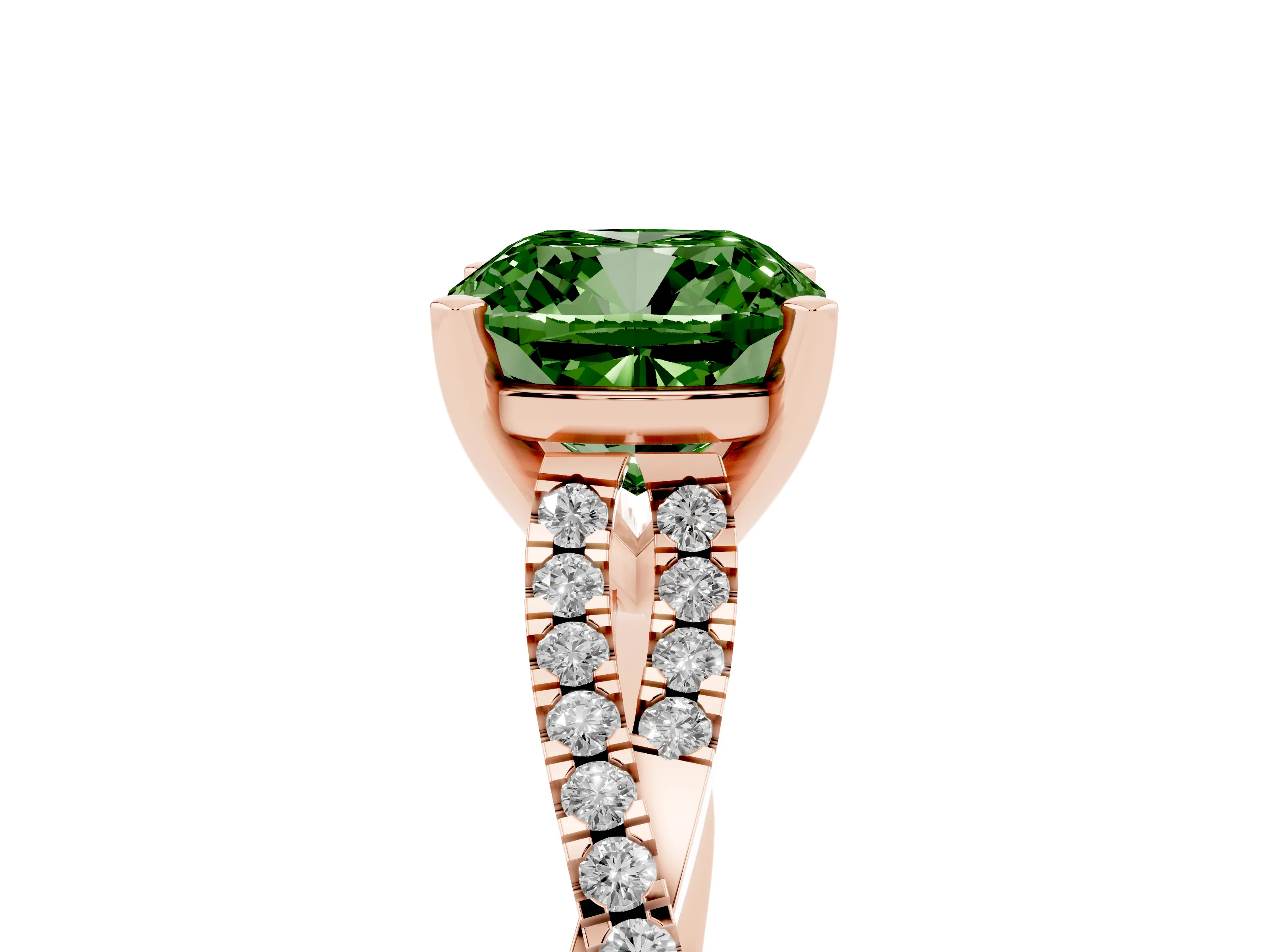 Fancy Green Cushion Cut Diamond Solitaire Engagement Ring Set in Rose gold with Twisted Pavé Band and Prong Setting