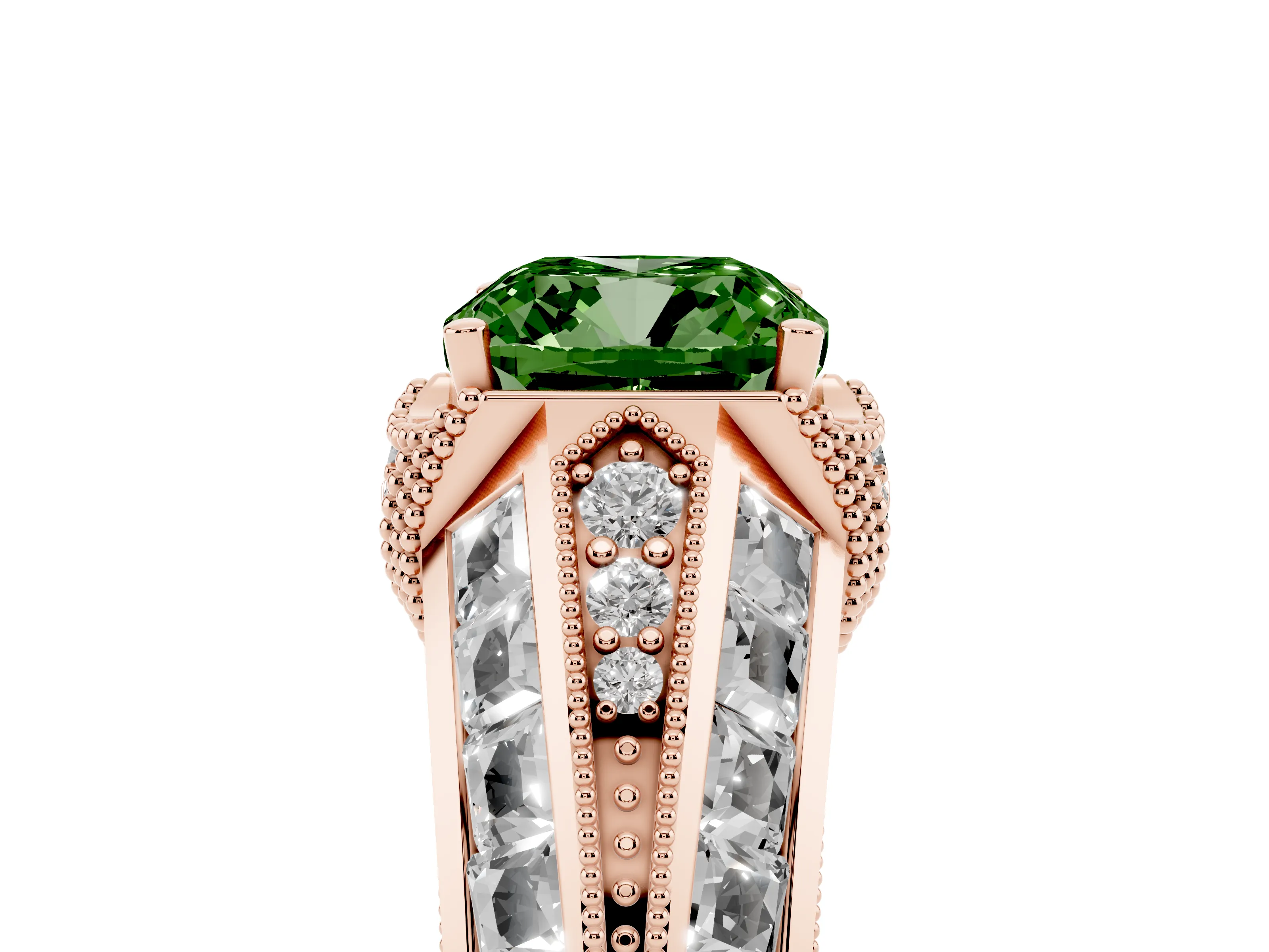 Fancy Green Cushion Cut Diamond Vintage-Inspired Milgrain Ring Set in Rose gold with Accent Split Shank