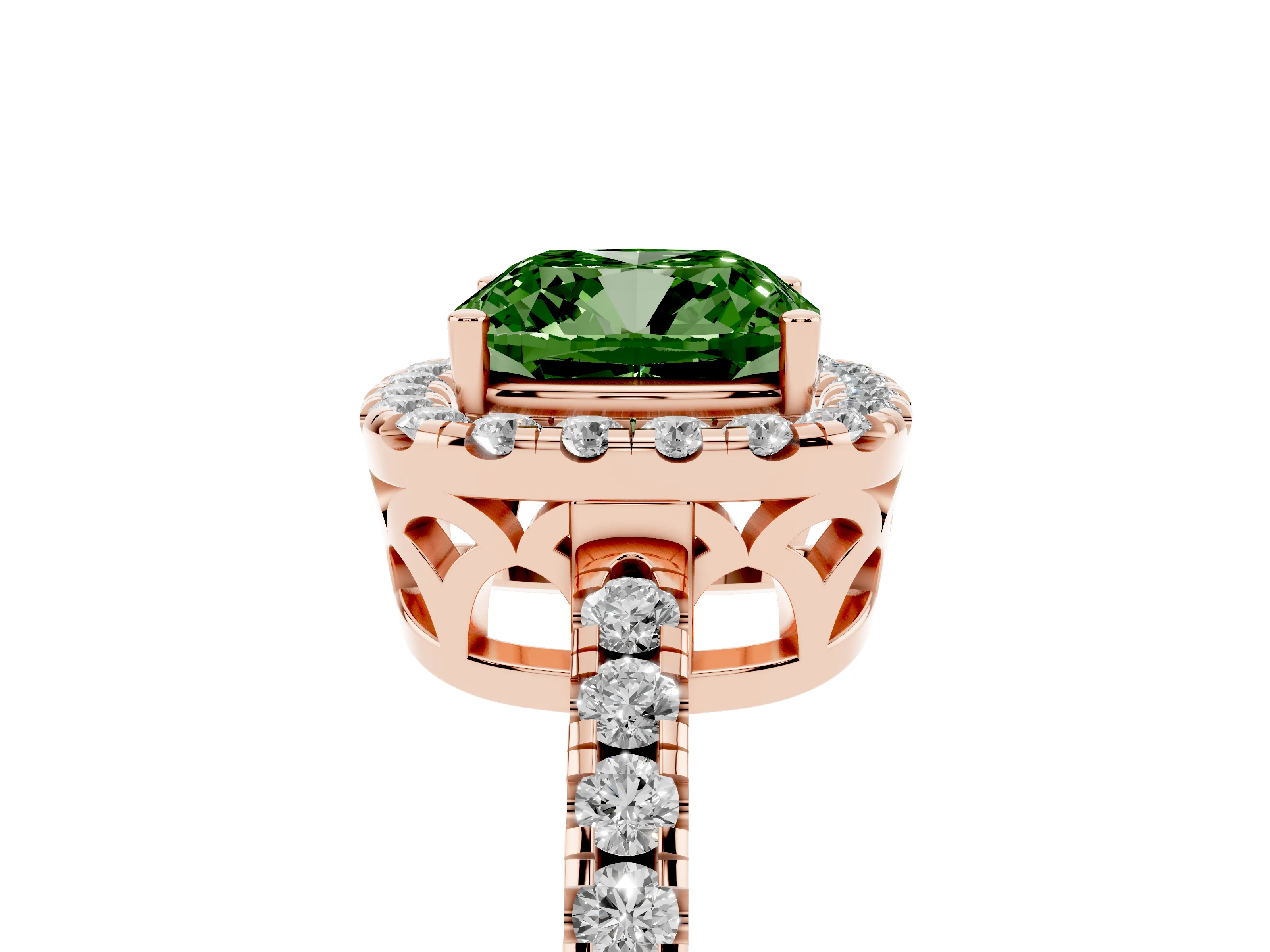 Fancy Green Cushion Cut Diamond Pavé Band Halo Engagement Ring Set in Rose gold with Prong Setting
