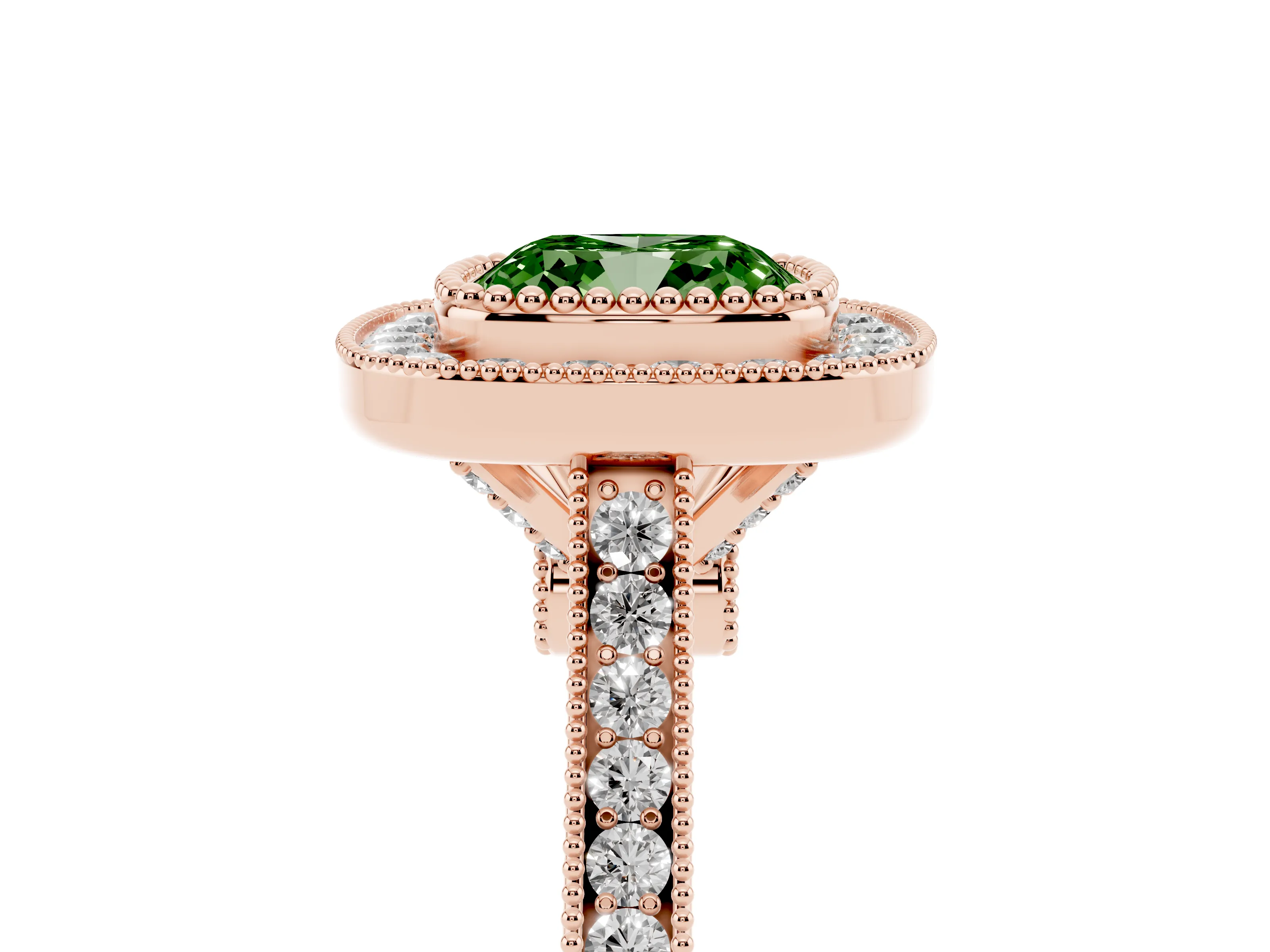 Fancy Green Cushion Cut Diamond Halo Ring Set in Rose gold with Milgrain Frame and Pavé Band