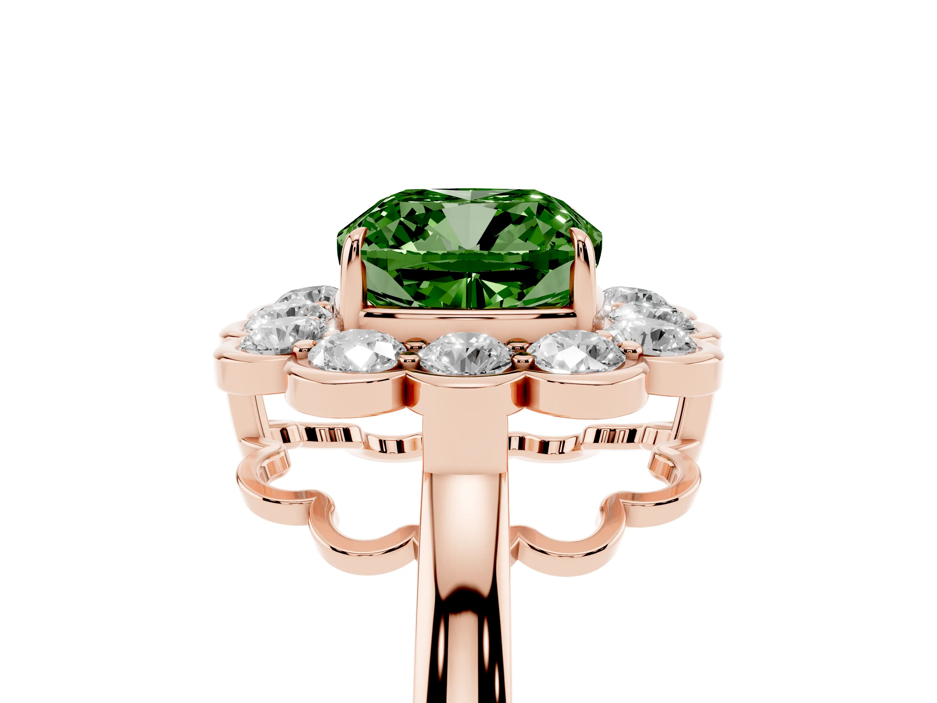 Fancy Green Cushion Cut Diamond Halo Cluster Engagement Ring Set in Rose gold with Solitaire Band and Prong Setting
