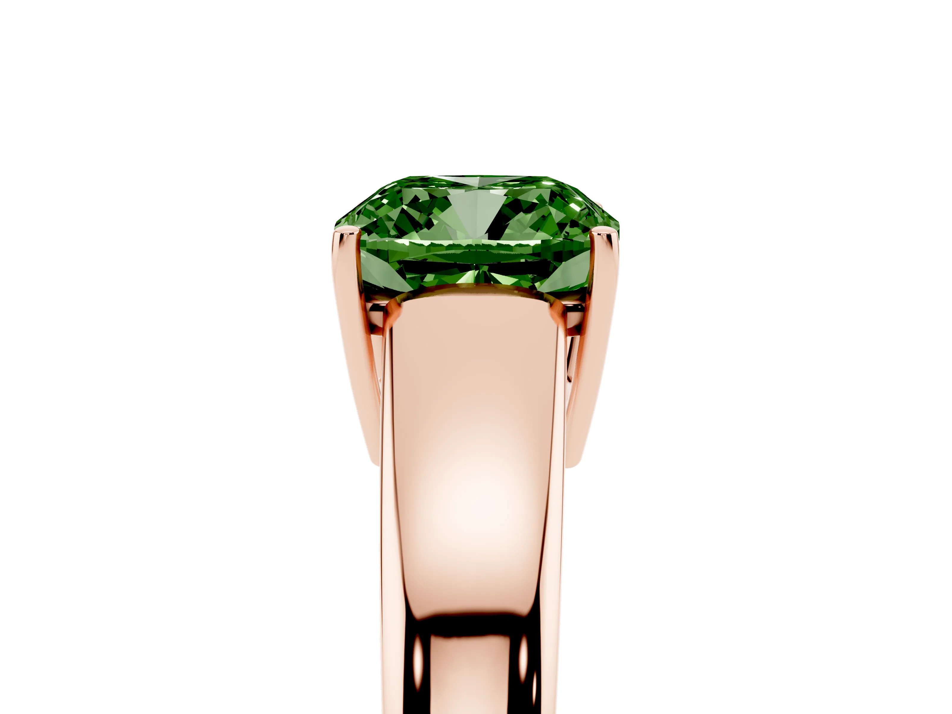 Fancy Green Cushion Cut Diamond Solitaire Ring Set in Rose gold with Tapered Band and Prong Setting