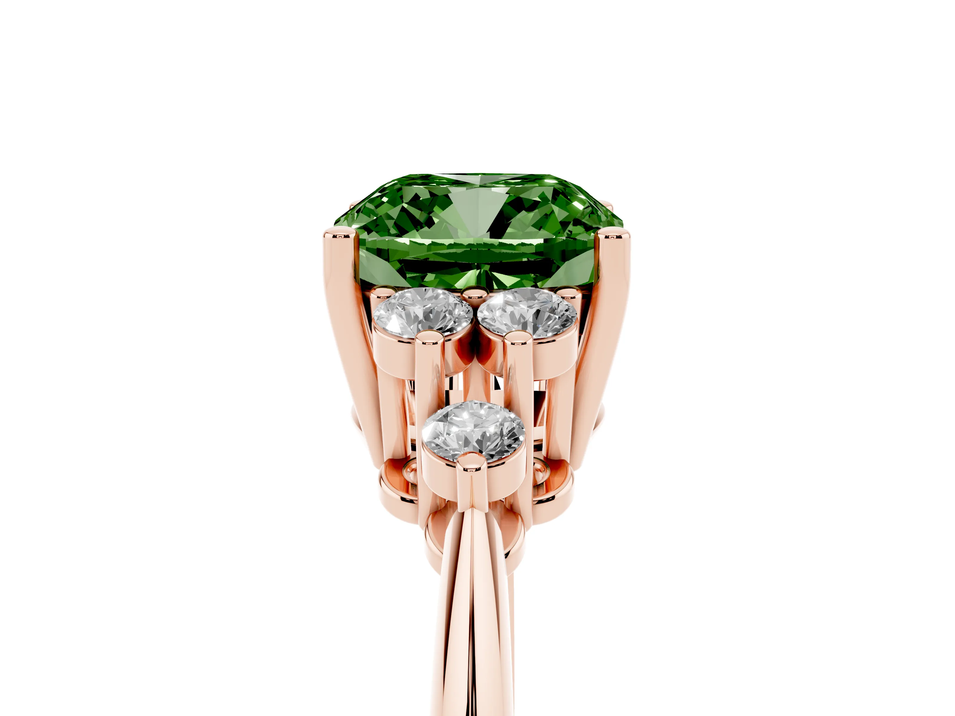 Fancy Green Cushion Cut Diamond Cluster Ring Set in Rose gold with Plain Band and Prong Setting