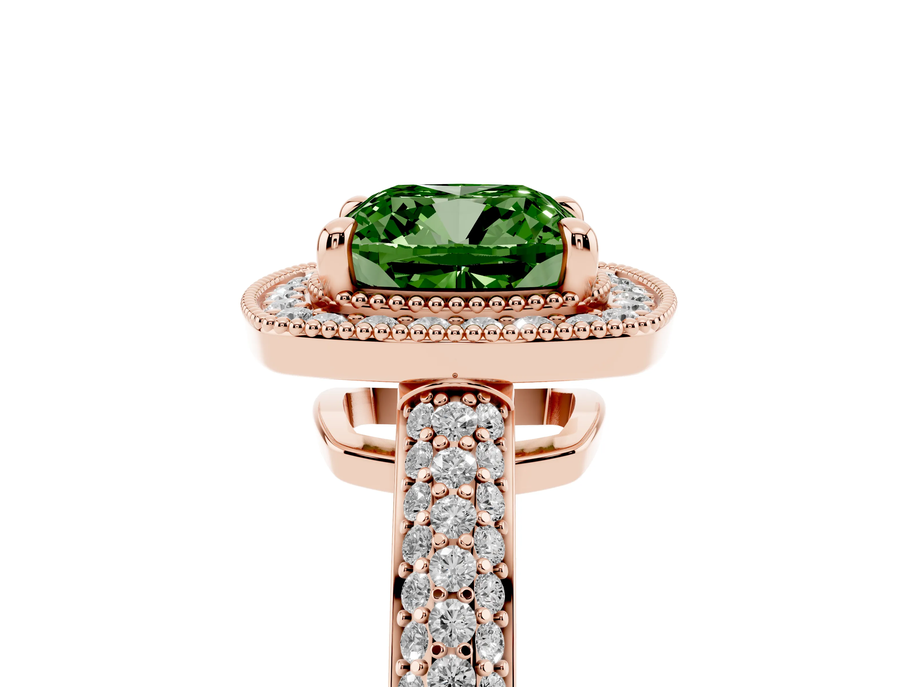 Fancy Green Cushion Cut Diamond Halo Pavé Band Set in Rose gold with Prong Setting