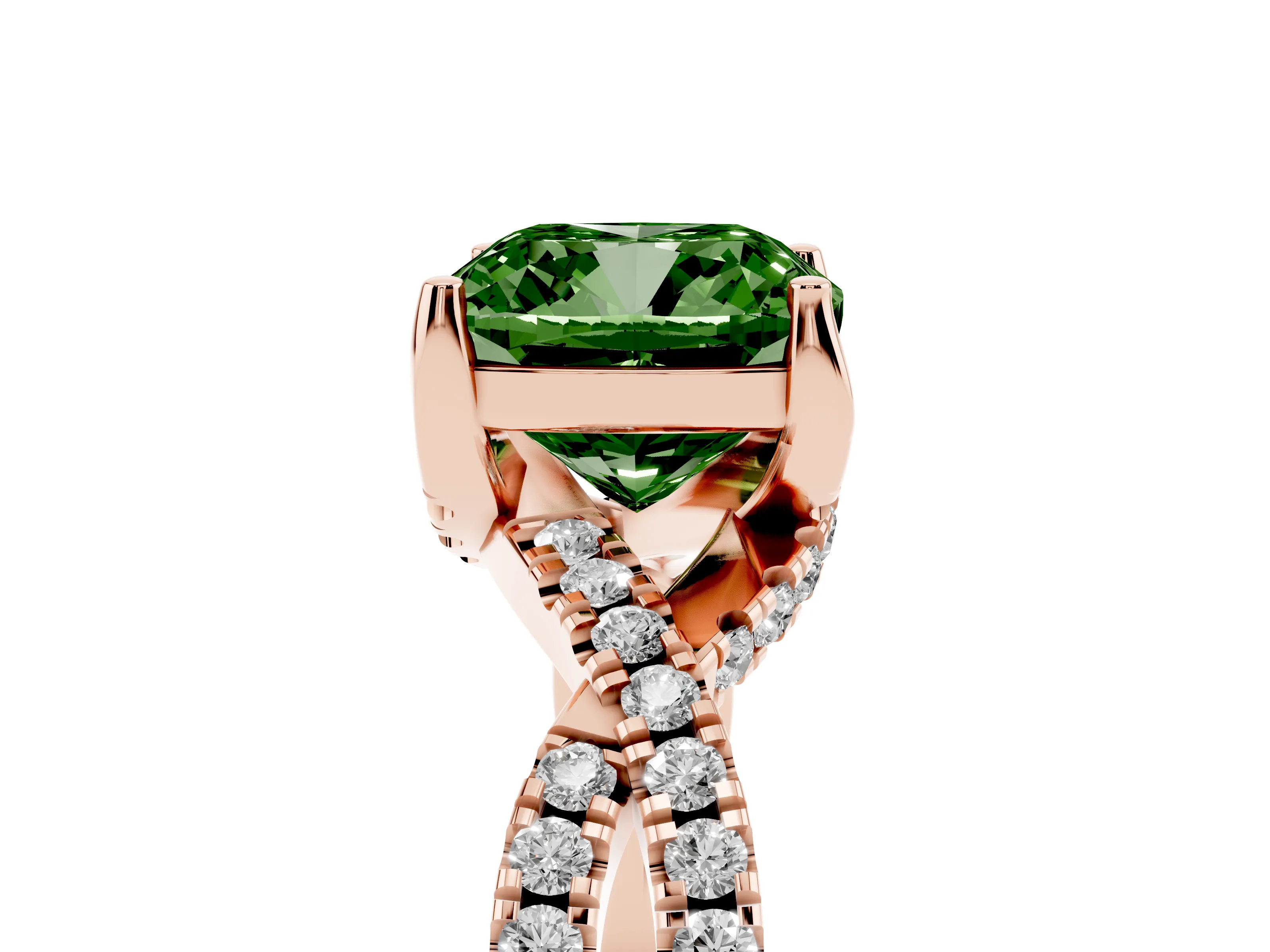 Fancy Green Cushion Cut Diamond Twist Pavé Solitaire Engagement Ring Set in Rose gold with Prong Setting