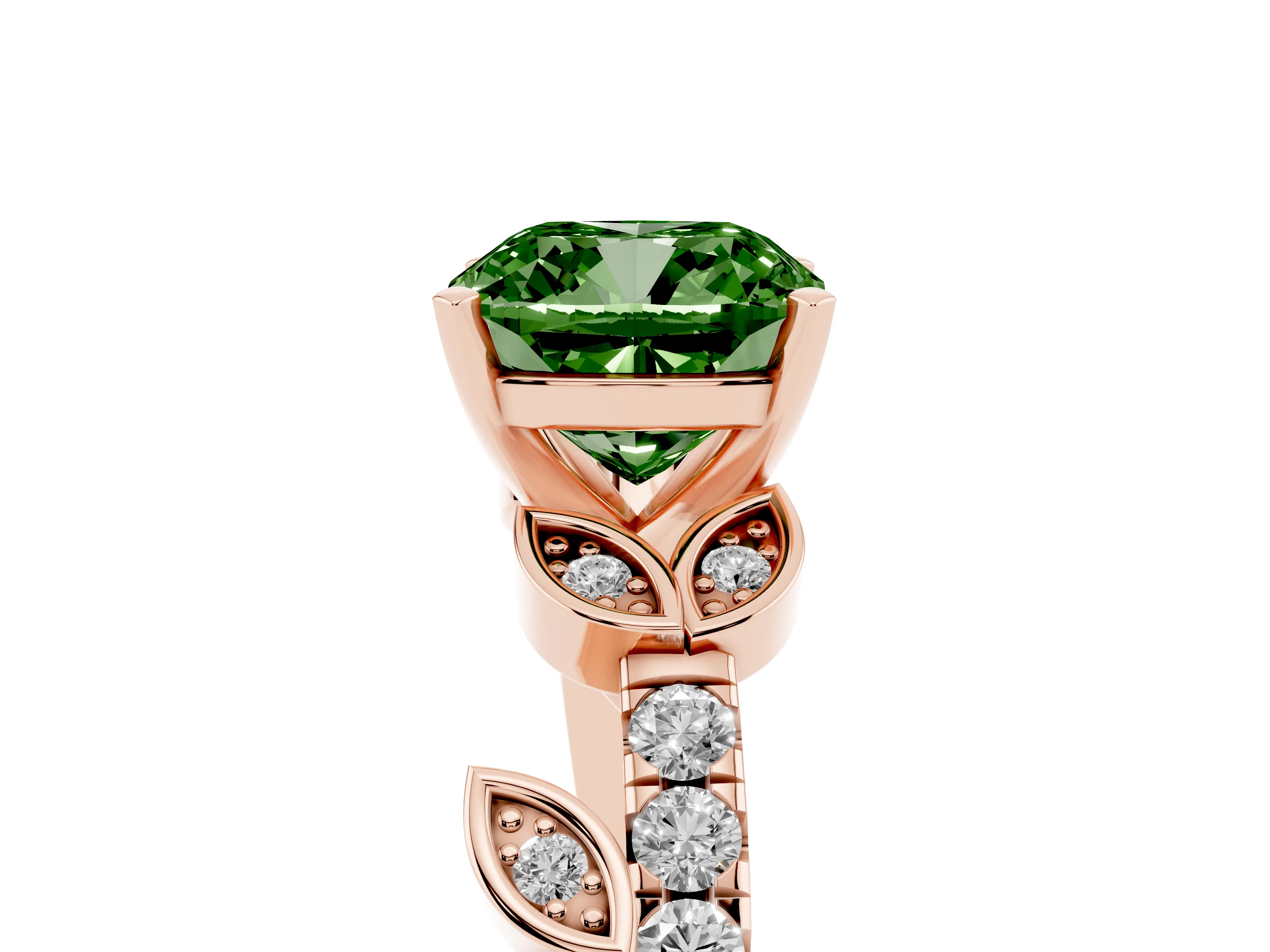 Fancy Green Cushion Cut Diamond Solitaire Leaf-Inspired Ring Set in Rose gold with Pavé Band and Prong Setting