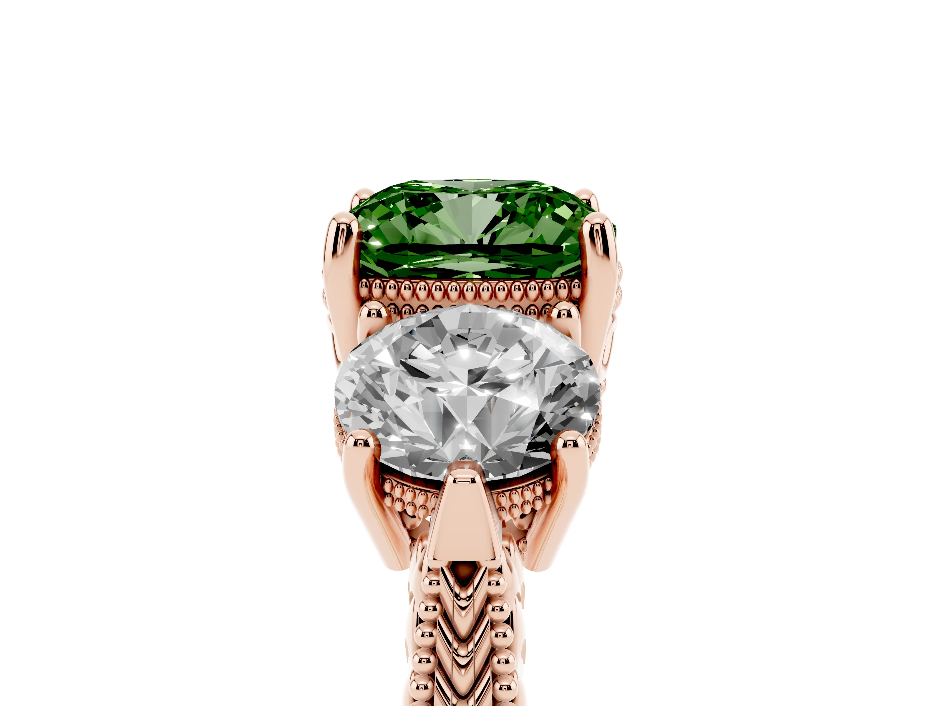 Fancy Green Cushion Cut Diamond Three-Stone Ring Set in Rose gold with Milgrain Band