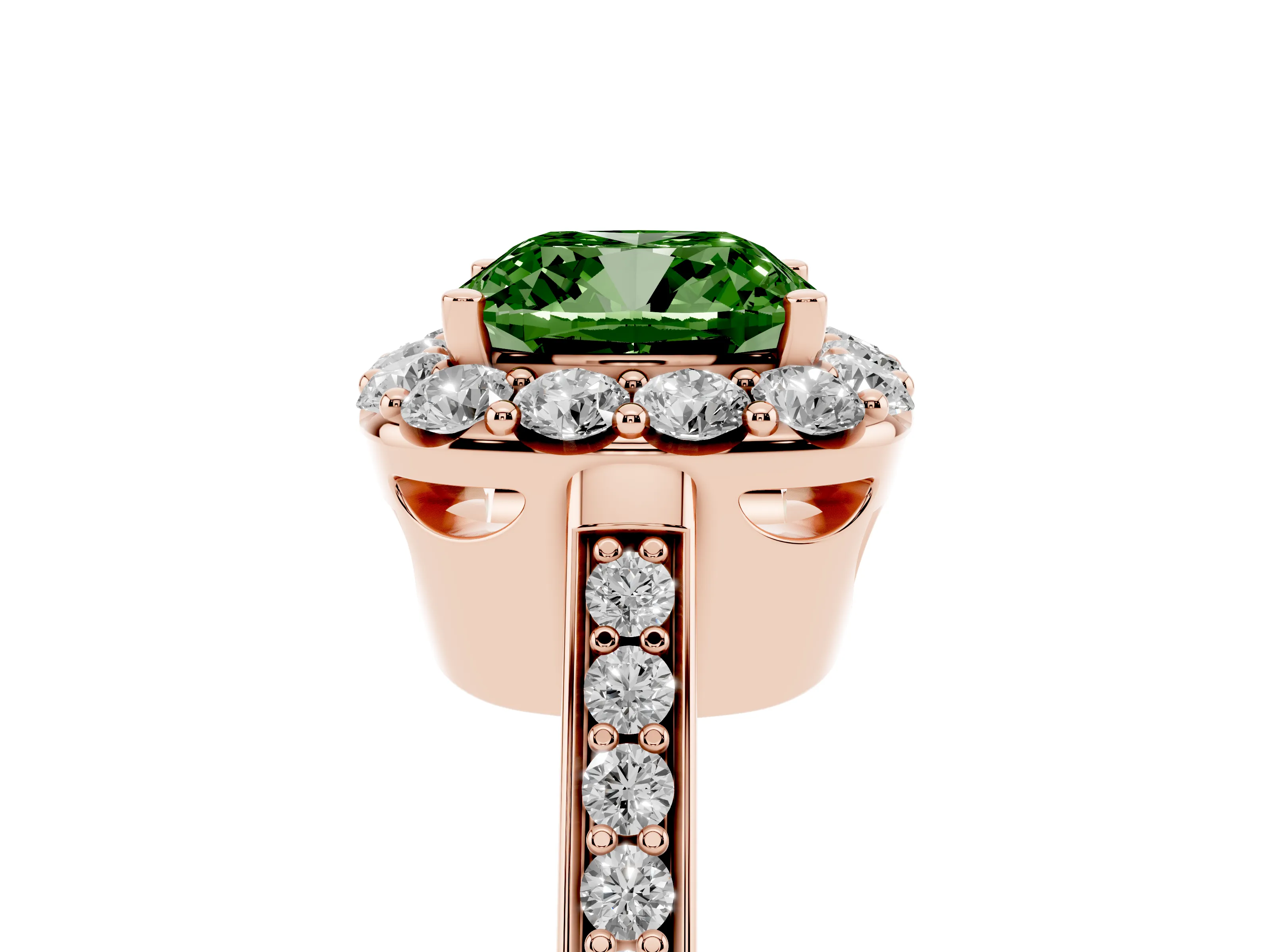 Fancy Green Cushion Cut Diamond Floral Halo Ring Set in Rose gold with Pavé Band and Prong Setting
