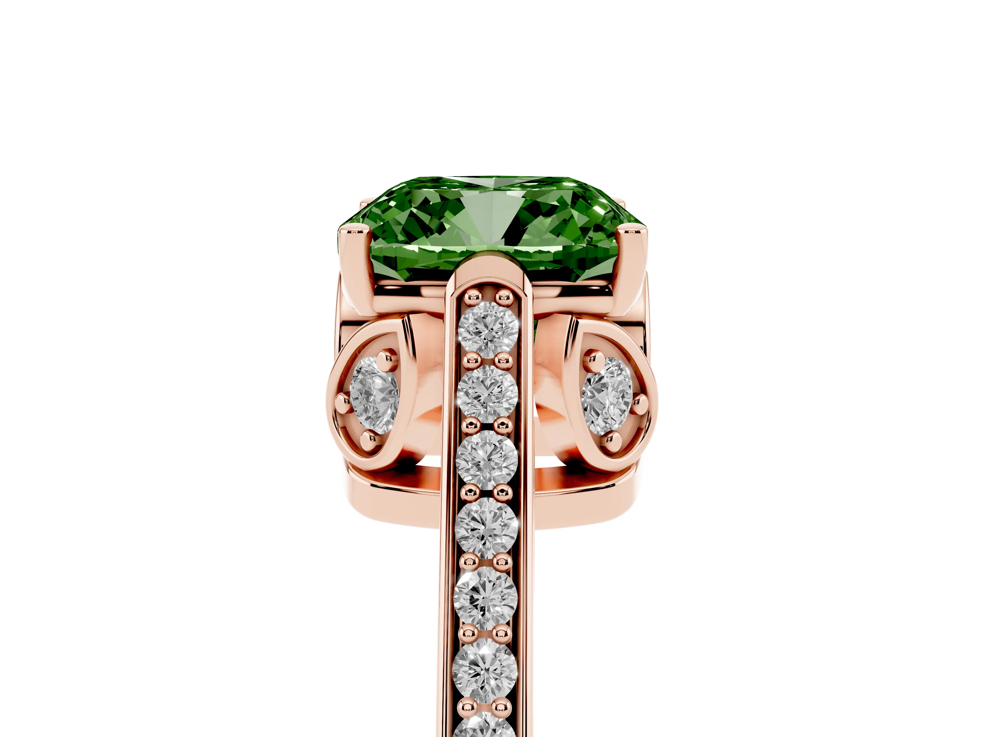 Fancy Green Cushion Cut Diamond Cathedral Pavé Engagement Ring Set in Rose gold with Prong Setting