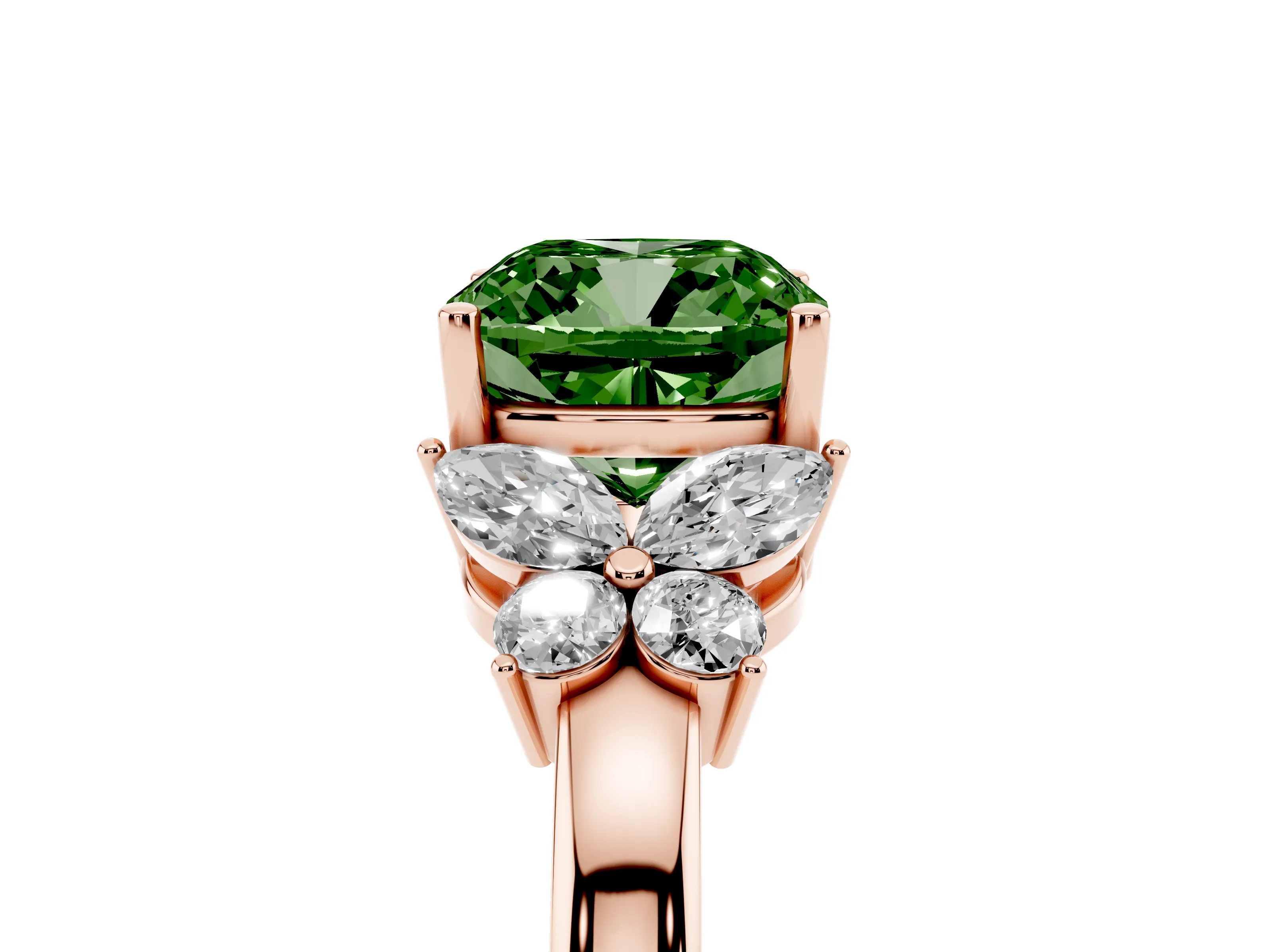 Fancy Green Cushion Cut Diamond Solitaire Floral Ring Set in Rose gold with Marquise Petals and Prong Setting