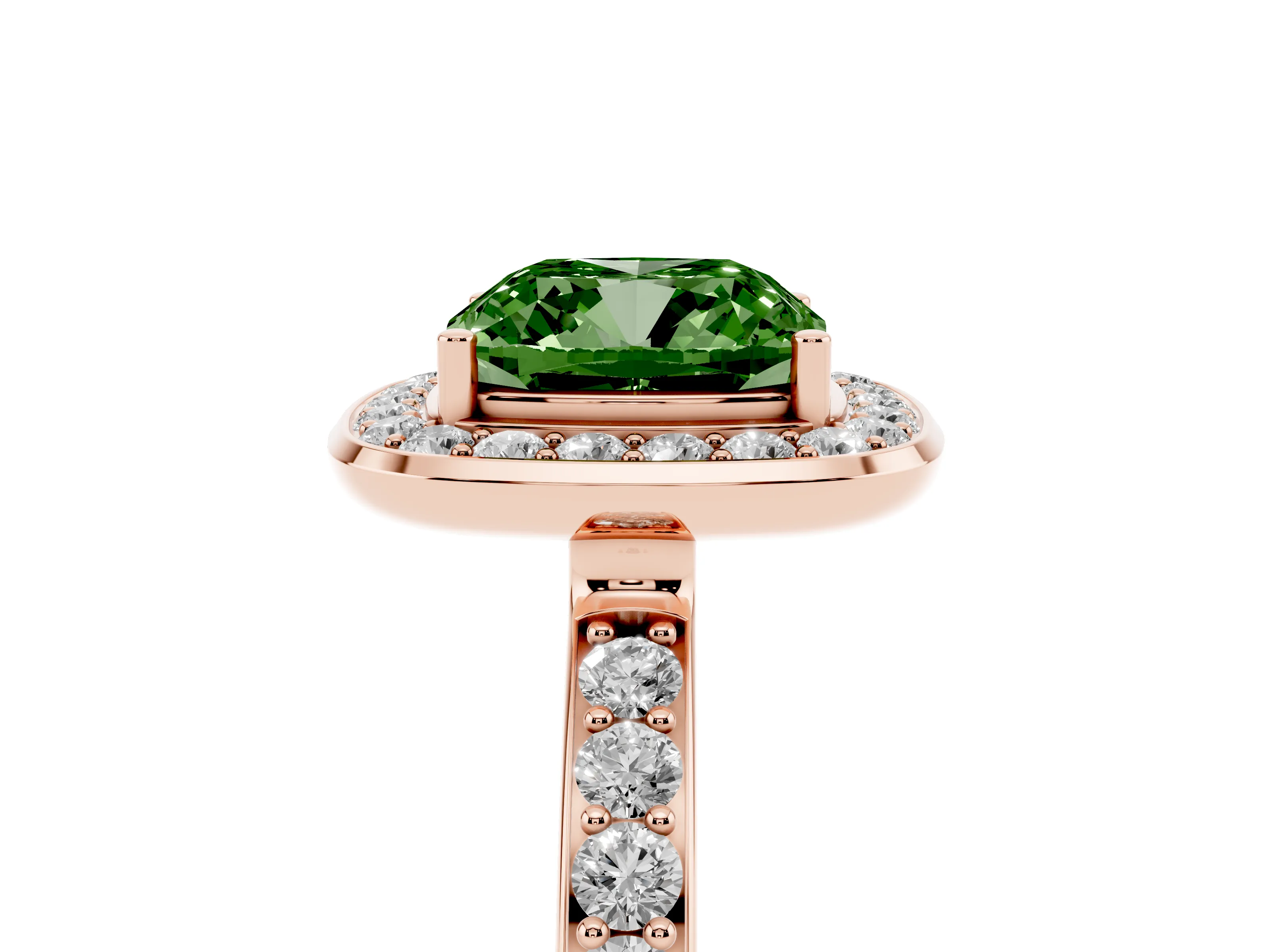 Fancy Green Cushion Cut Diamond Halo Ring Set in Rose gold with Bezel Frame and Pavé Band