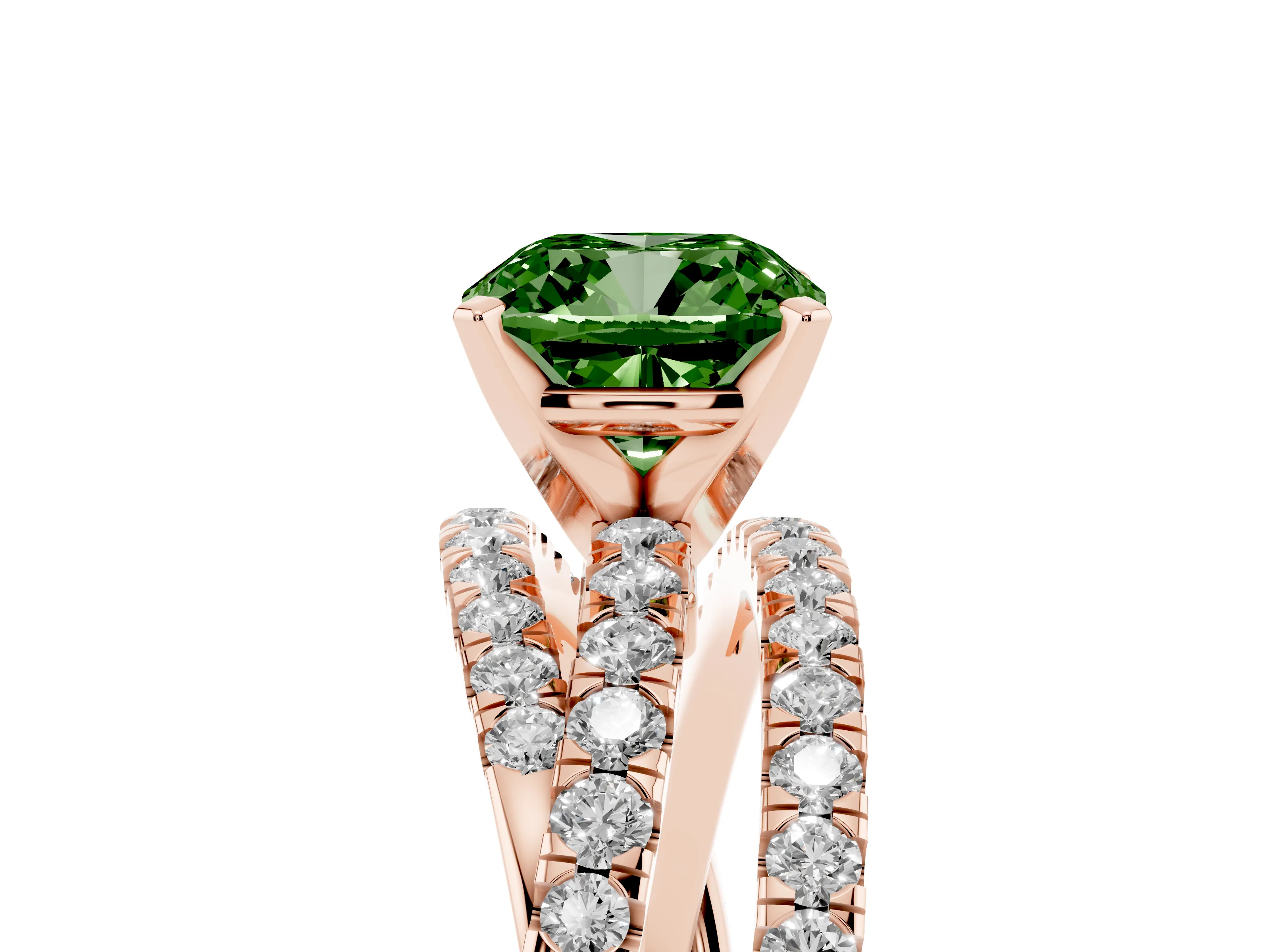Fancy Green Cushion Cut Diamond Solitaire Twist Band Ring Set in Rose gold with Pavé Setting and Prong Head
