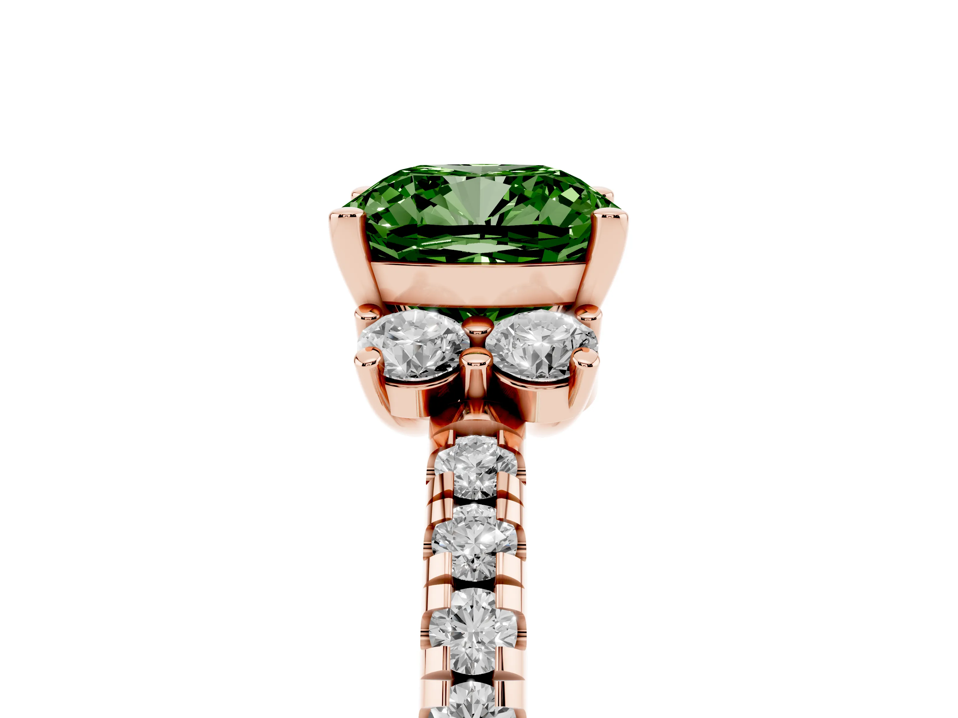 Fancy Green Cushion Cut Diamond Three-Stone Pavé Ring Set in Rose gold with Prong Setting