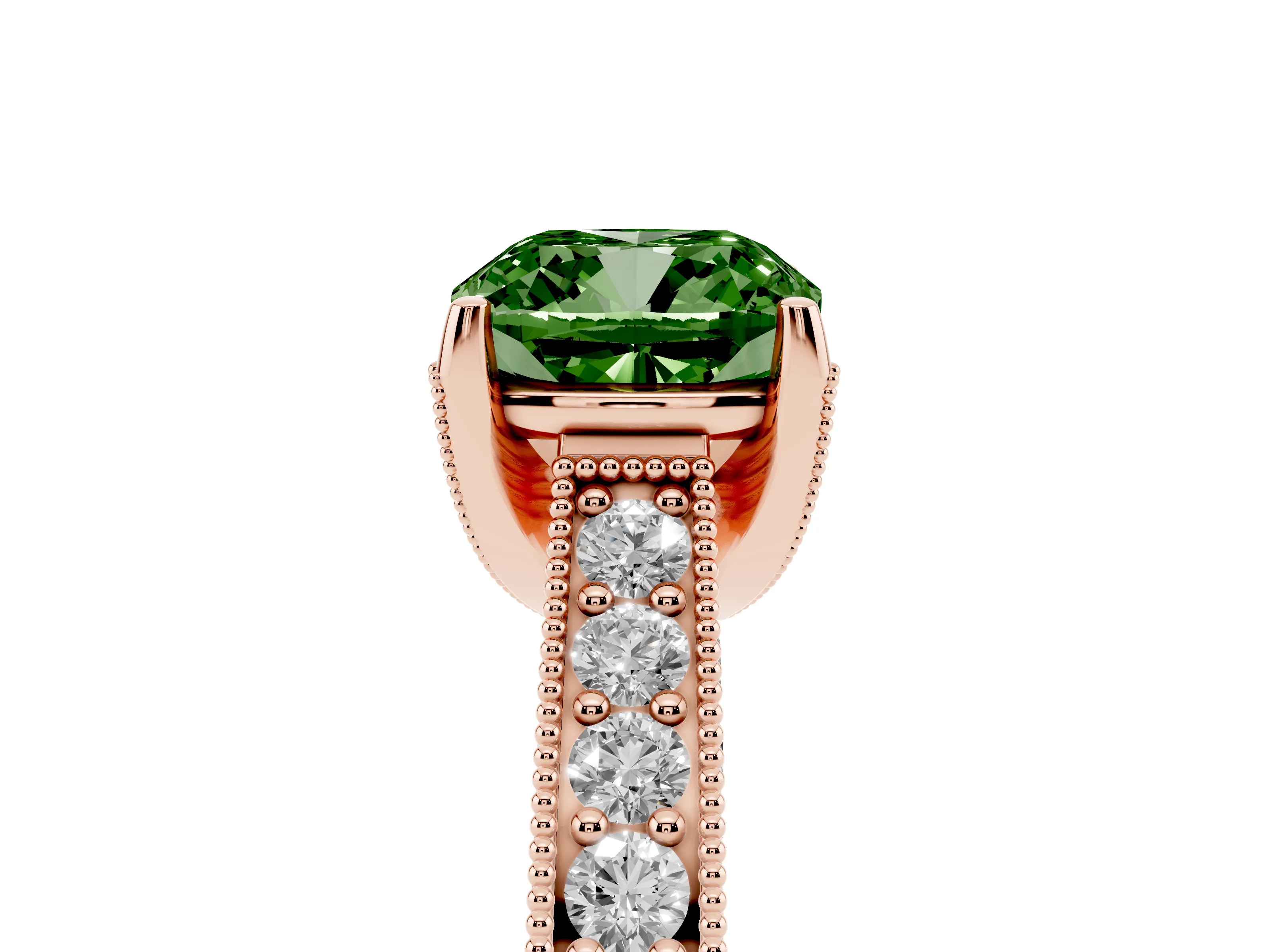 Fancy Green Cushion Cut Diamond Solitaire Ring Set in Rose gold with Milgrain-Edged Pavé Band and Prong Setting
