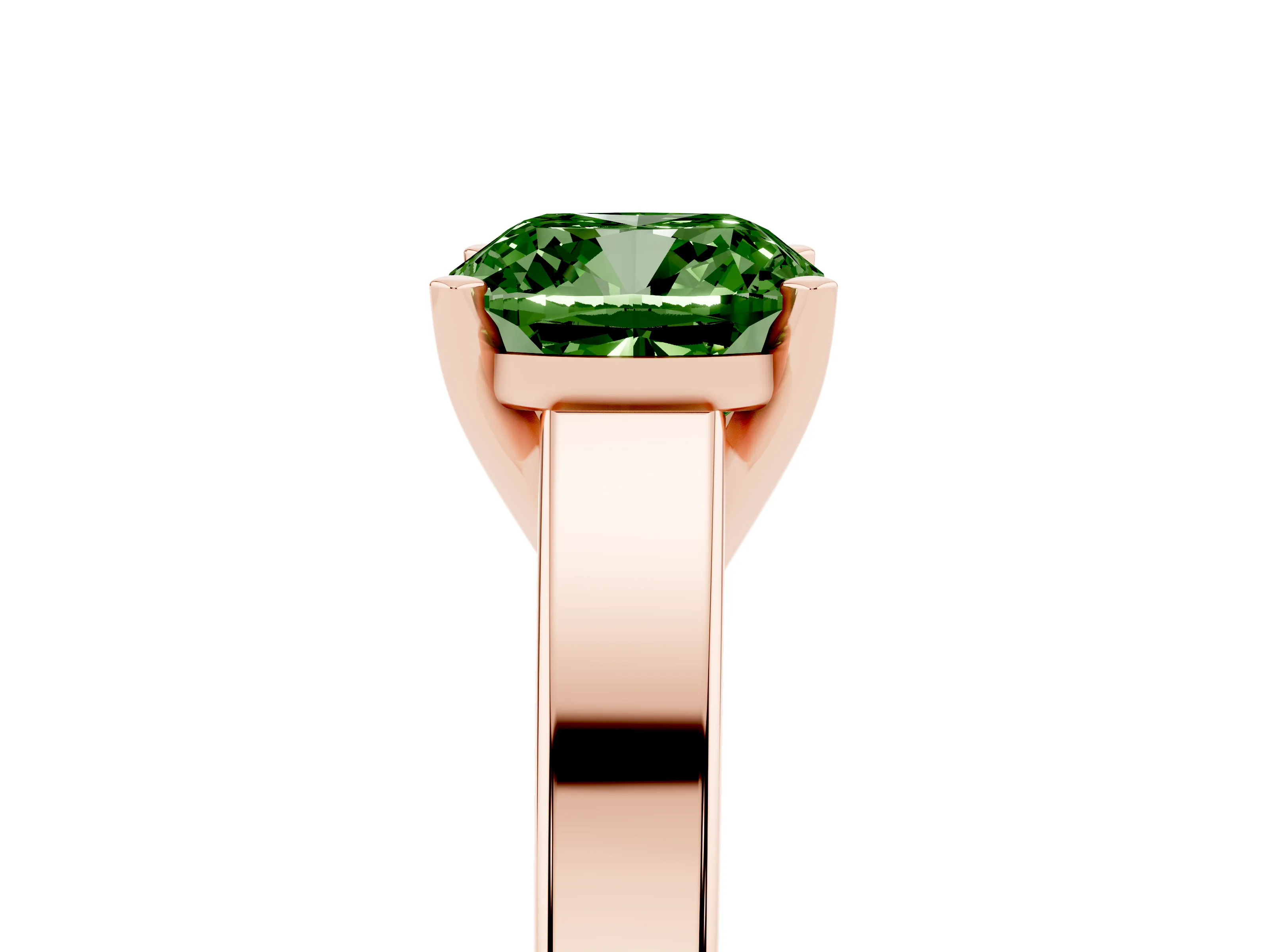 Fancy Green Cushion Cut Diamond Solitaire Engagement Ring Set in Rose gold with Prong Setting and Tapered Band