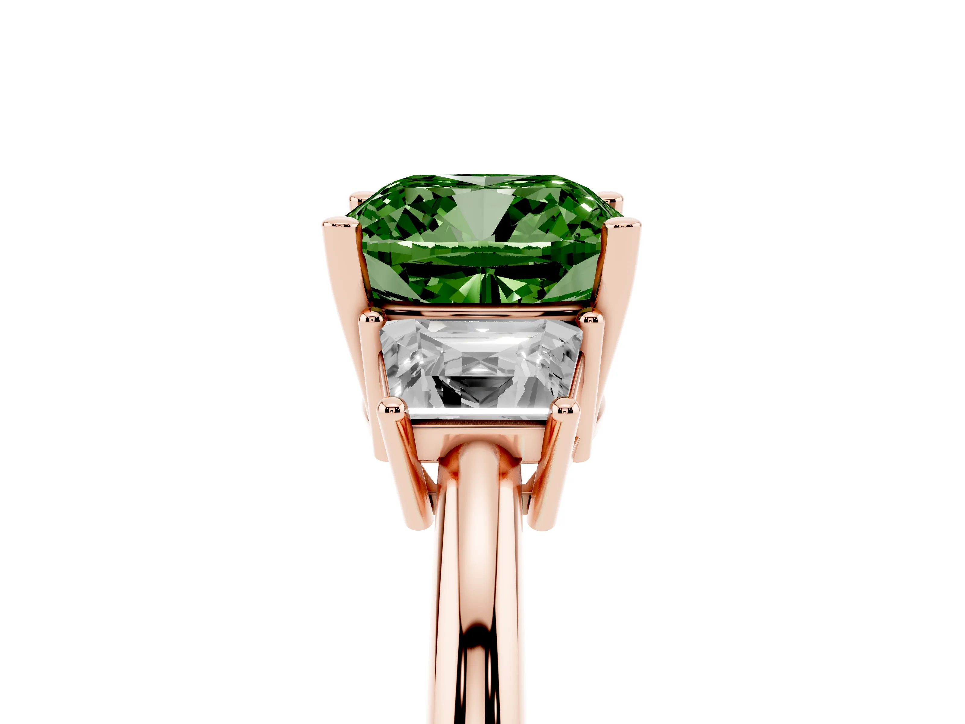 Fancy Green Cushion Cut Diamond Three-Stone Ring Set in Rose gold with Trapezoid Side Stones and Prong Setting