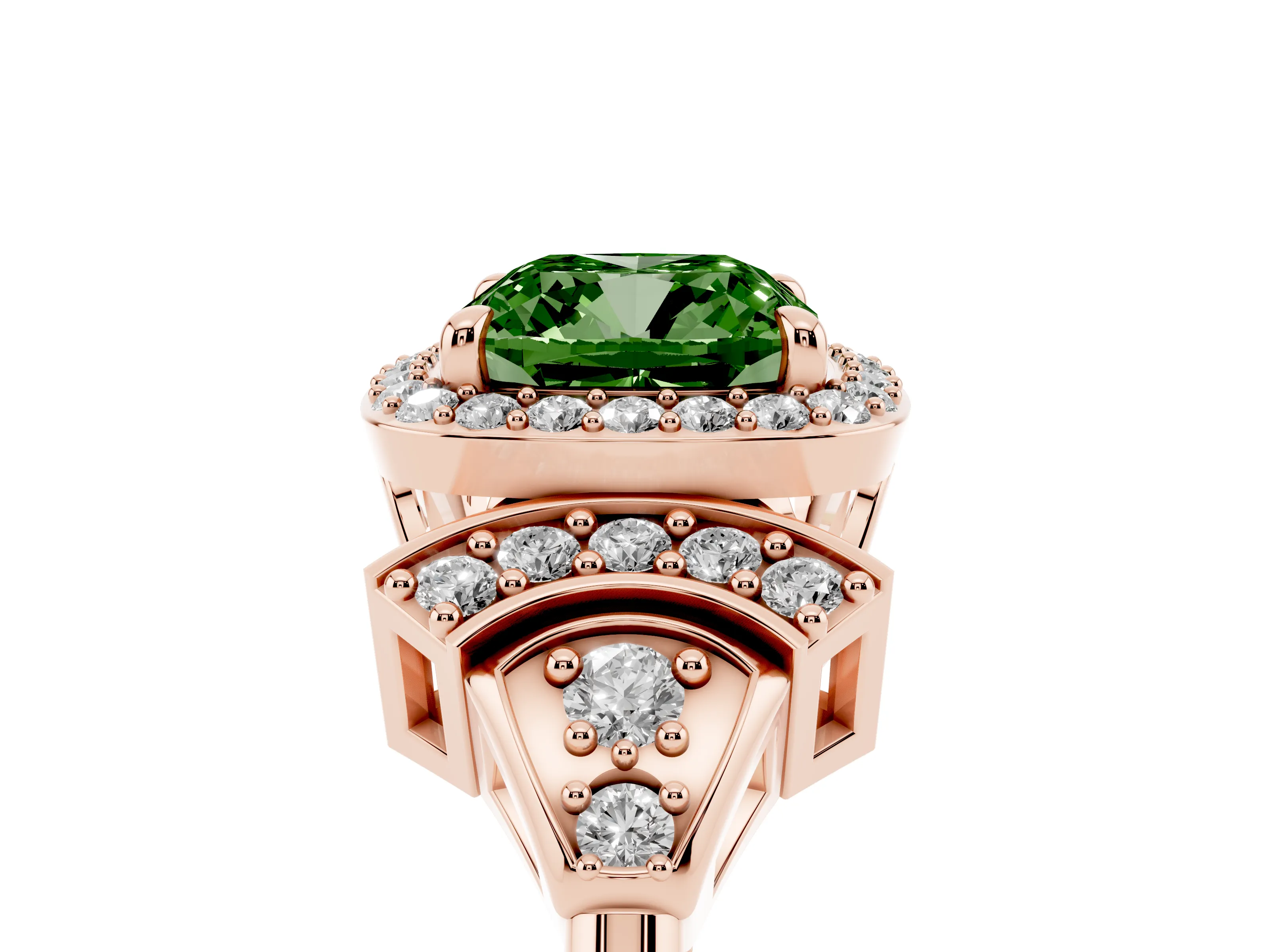 Fancy Green Cushion Cut Diamond Halo Engagement Ring Set in Rose gold with Accent Stone Split Shank